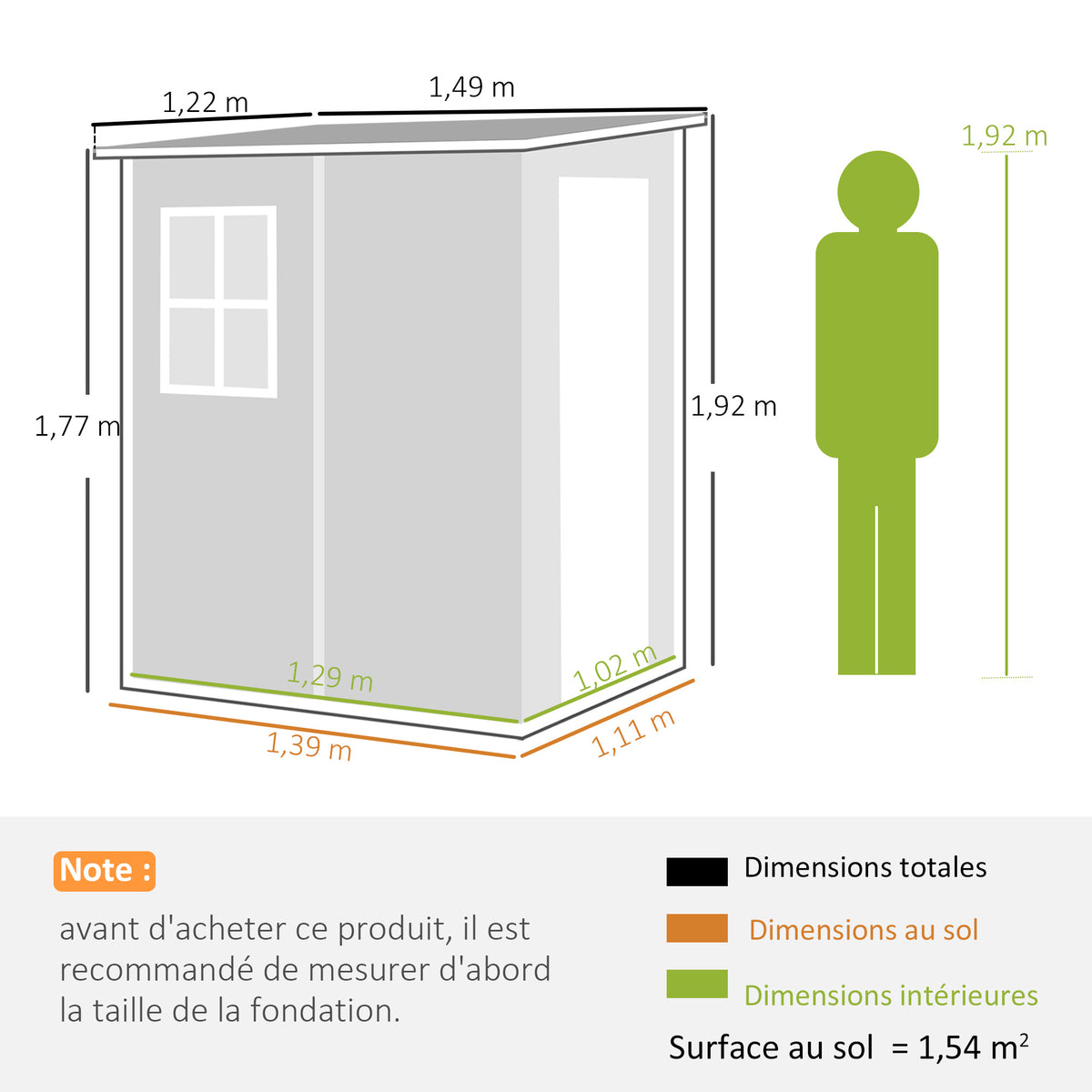 Tuinhuisje 1,54 m² voor gereedschap, afsluitbare deur, ventilatie en raam, afm. 122L x 149B x 192/177H cm, grijs