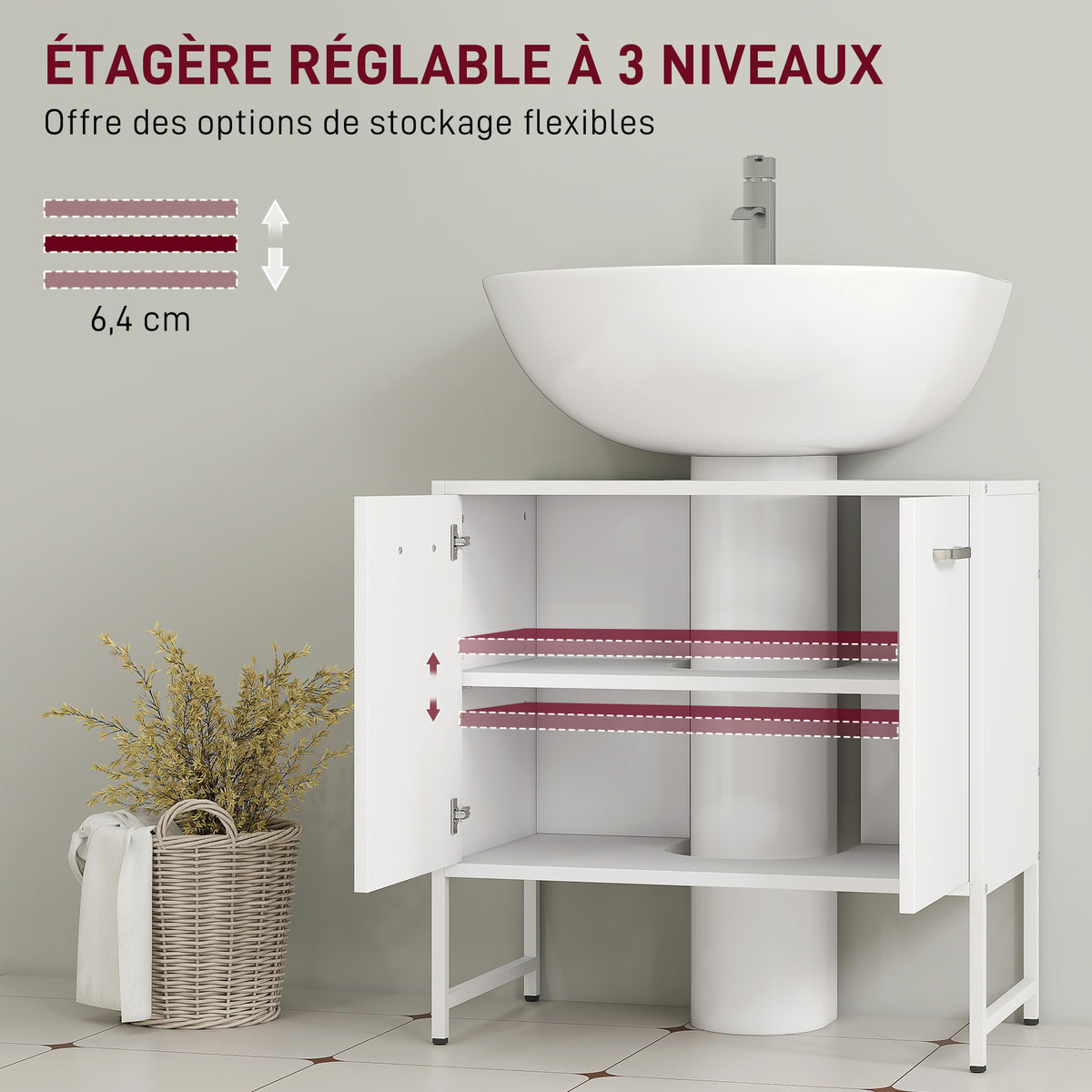 Meuble sous lavabo, meuble de salle de bain avec 2 portes à fermeture douce et étagère réglable, blanc