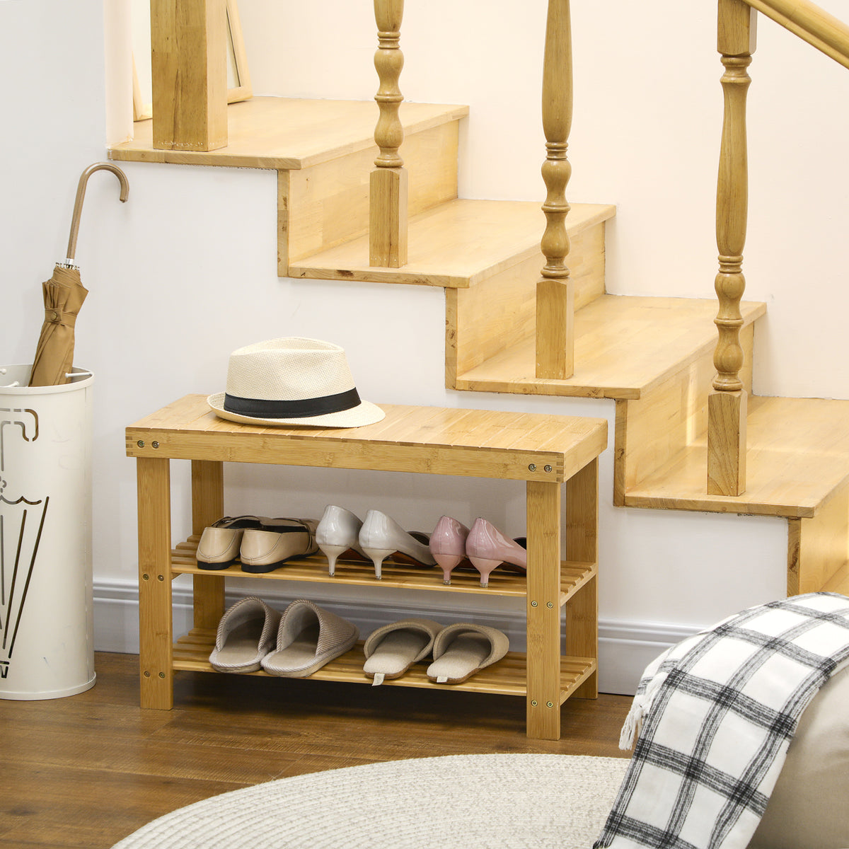 Banc avec meuble à chaussures étagères en bambou dim. 70L x 28l x 45H cm bois naturel