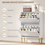 Meuble à chaussures 12 paires avec 2 tiroirs rabattables, portes cannelées et étagères réglables, 60x24x91,5cm, blanc