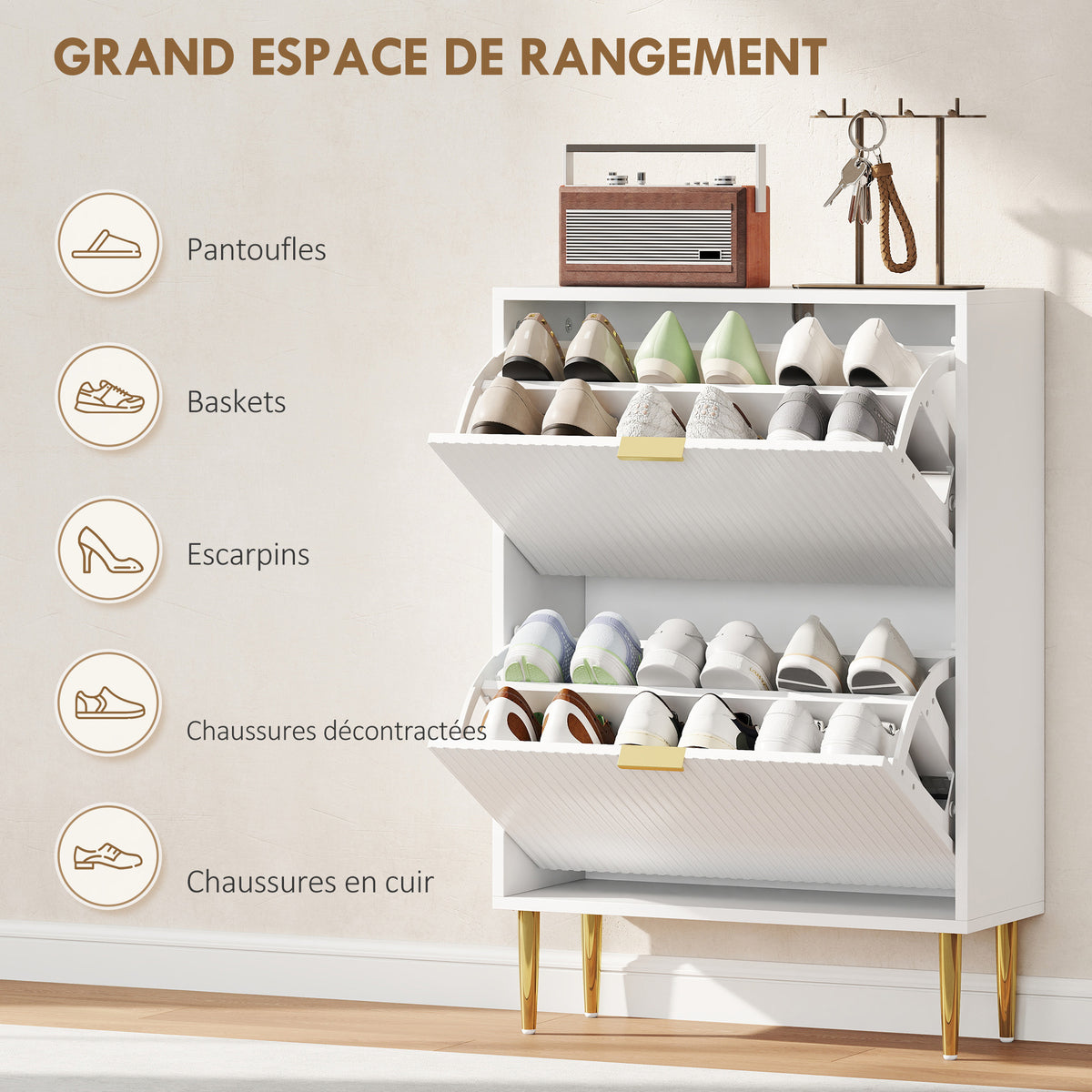 Meuble à chaussures 12 paires avec 2 tiroirs rabattables, portes cannelées et étagères réglables, 60x24x91,5cm, blanc