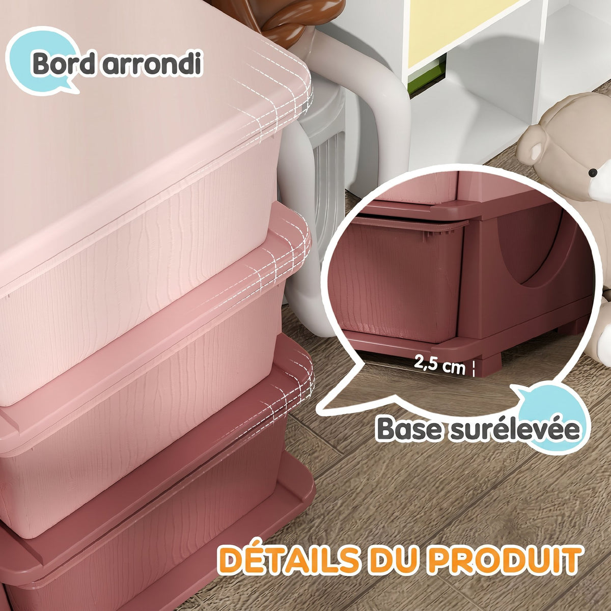 Organisateur de jouets pour enfants avec tiroirs à 3 niveaux, boîtes de rangement en plastique, 37 x 37 x 56,5 cm, rose