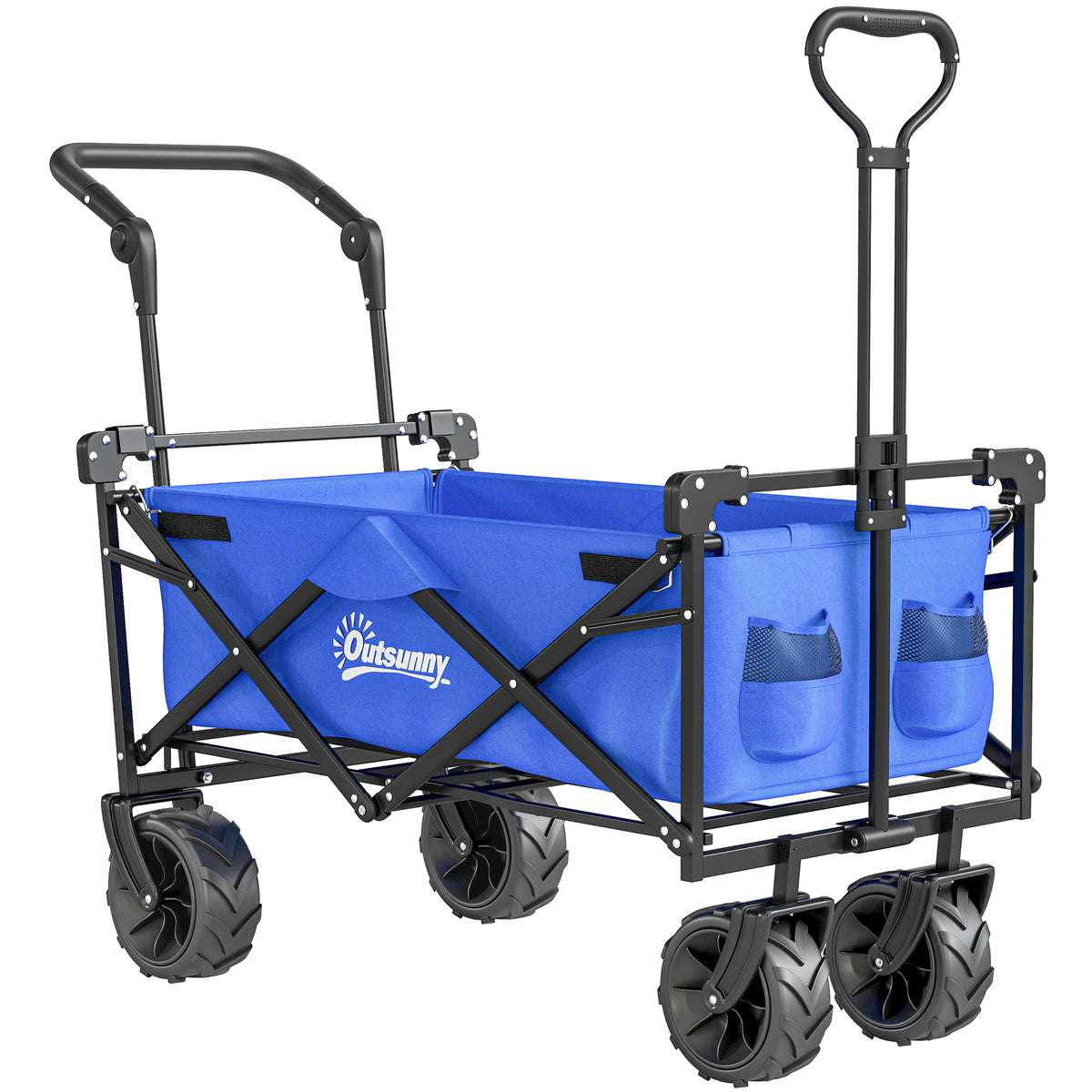 Chariot de Transport Pliable Tout Terrain 180 L, Poignée Télescopique Pousser-Tirer 2 en 1, Auvent Amovible, Bleu