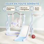 Toboggan et balançoire pour enfants 4 en 1 avec panier de basket et échelle, 147,5 x 160 x 107 cm, bleu clair
