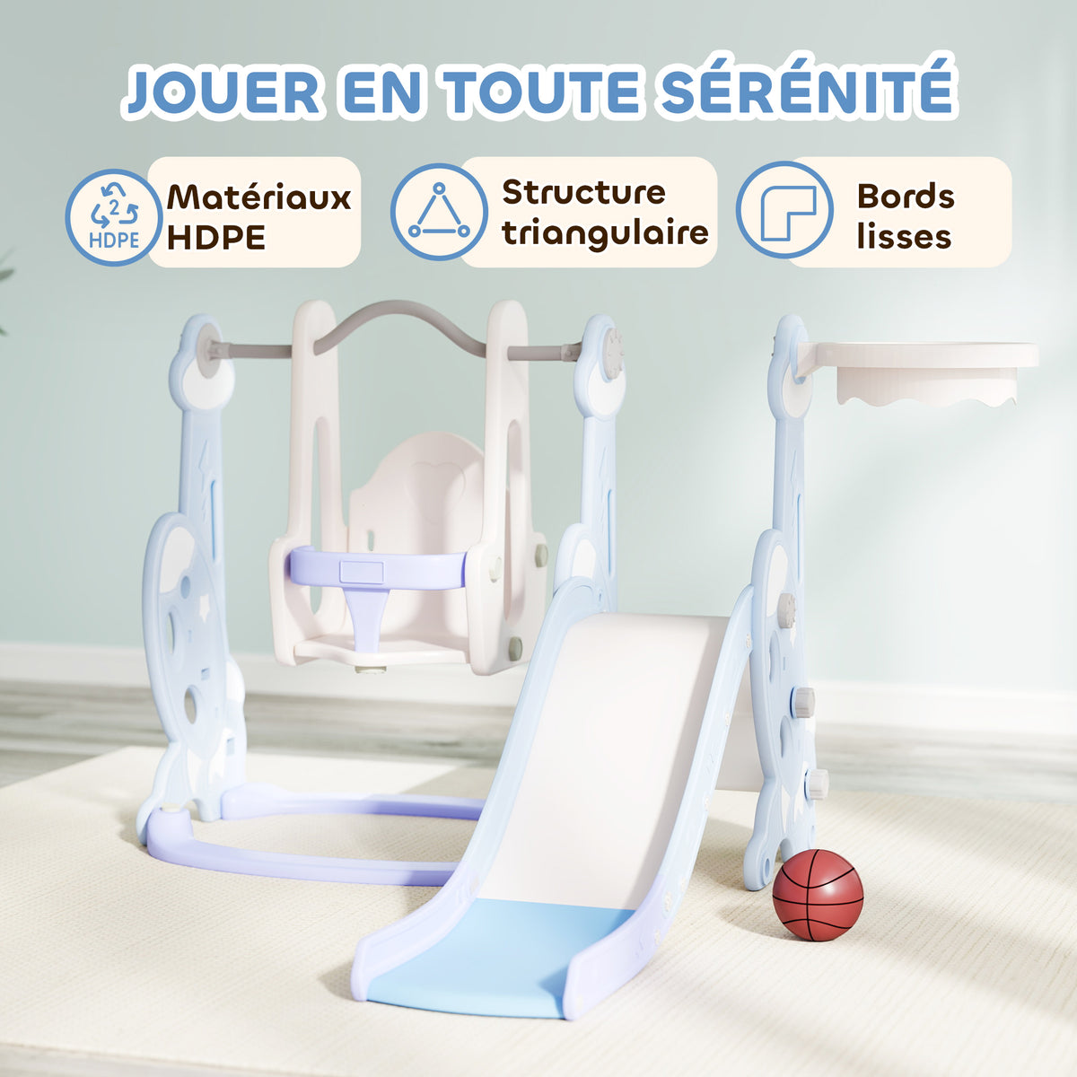 Toboggan et balançoire pour enfants 4 en 1 avec panier de basket et échelle, 147,5 x 160 x 107 cm, bleu clair