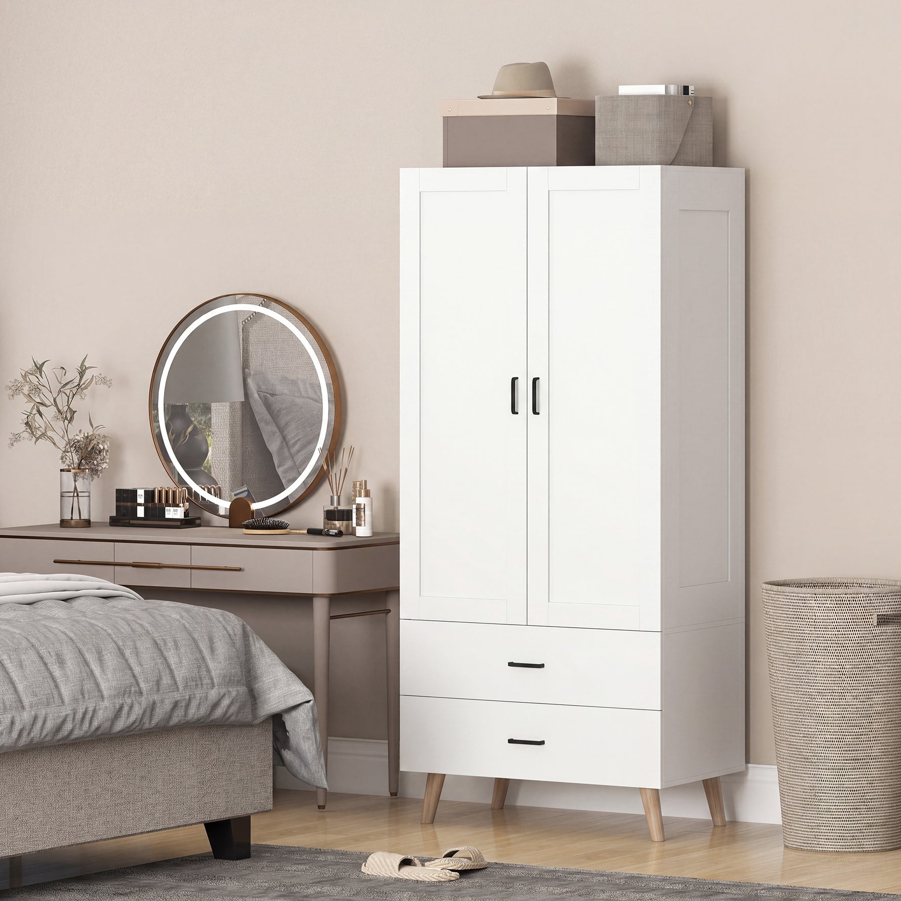 Armoire chambre penderie 2 portes à fermeture douce, 2 tiroirs et barre de suspension, 80x54x180cm, blanc