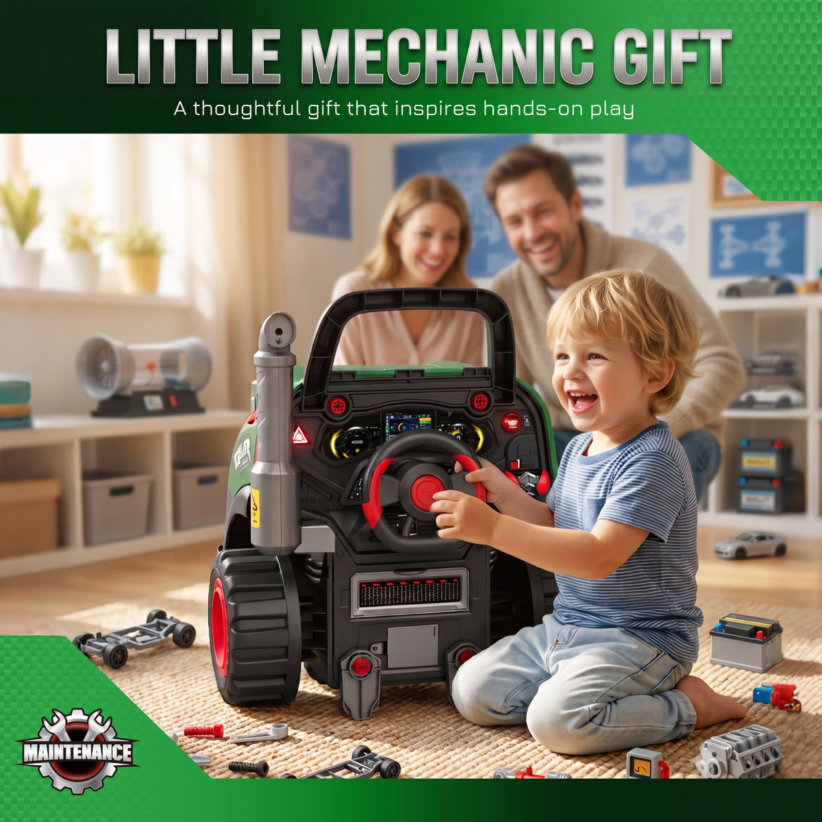 Giocattolo Motore di Camion per Bambini, Camion Meccanico, Volante con Effetto Nebbia, Suoni e Luci per 3-6 Anni, Verde