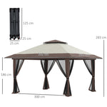Gazebo da giardino pieghevole pop-up con doppio tetto protezione UV 50+ con 4 zanzariere con zip 4 x 4 m beige