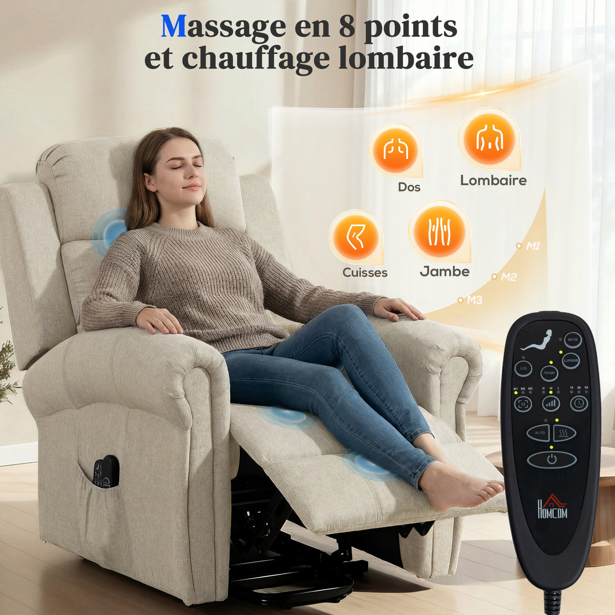 Fauteuil releveur électrique, fauteuil relax électrique avec fonction massage et chauffage, 87 x 87,5 x 108 cm, beige
