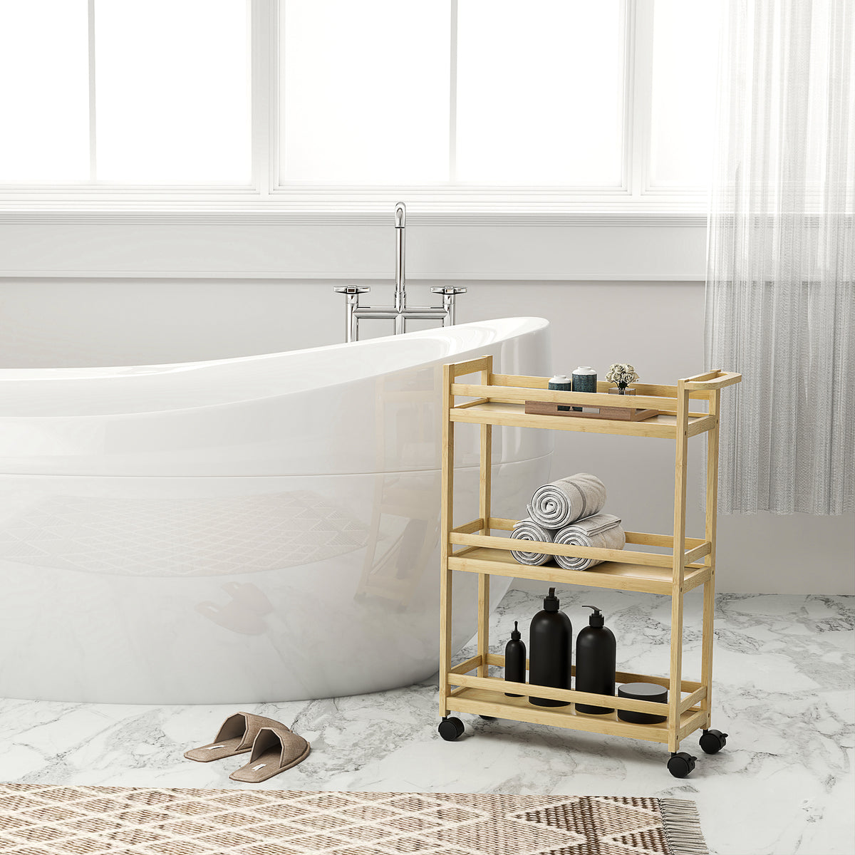 Étagère de rangement de salle de bain en bambou à 3 niveaux avec roulettes pour cuisine, salle de bain, salon - naturel