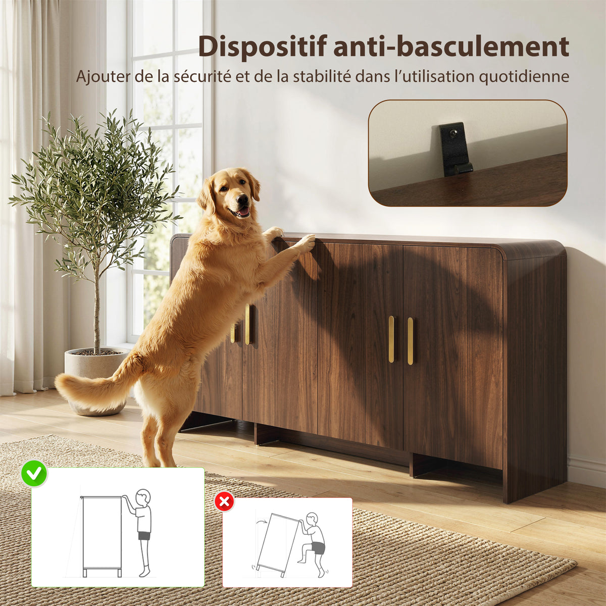 Credenza da cucina, mobile contenitore con 4 ante a chiusura ammortizzata, 4 scomparti e bordi arrotondati, 152x40x80cm, noce