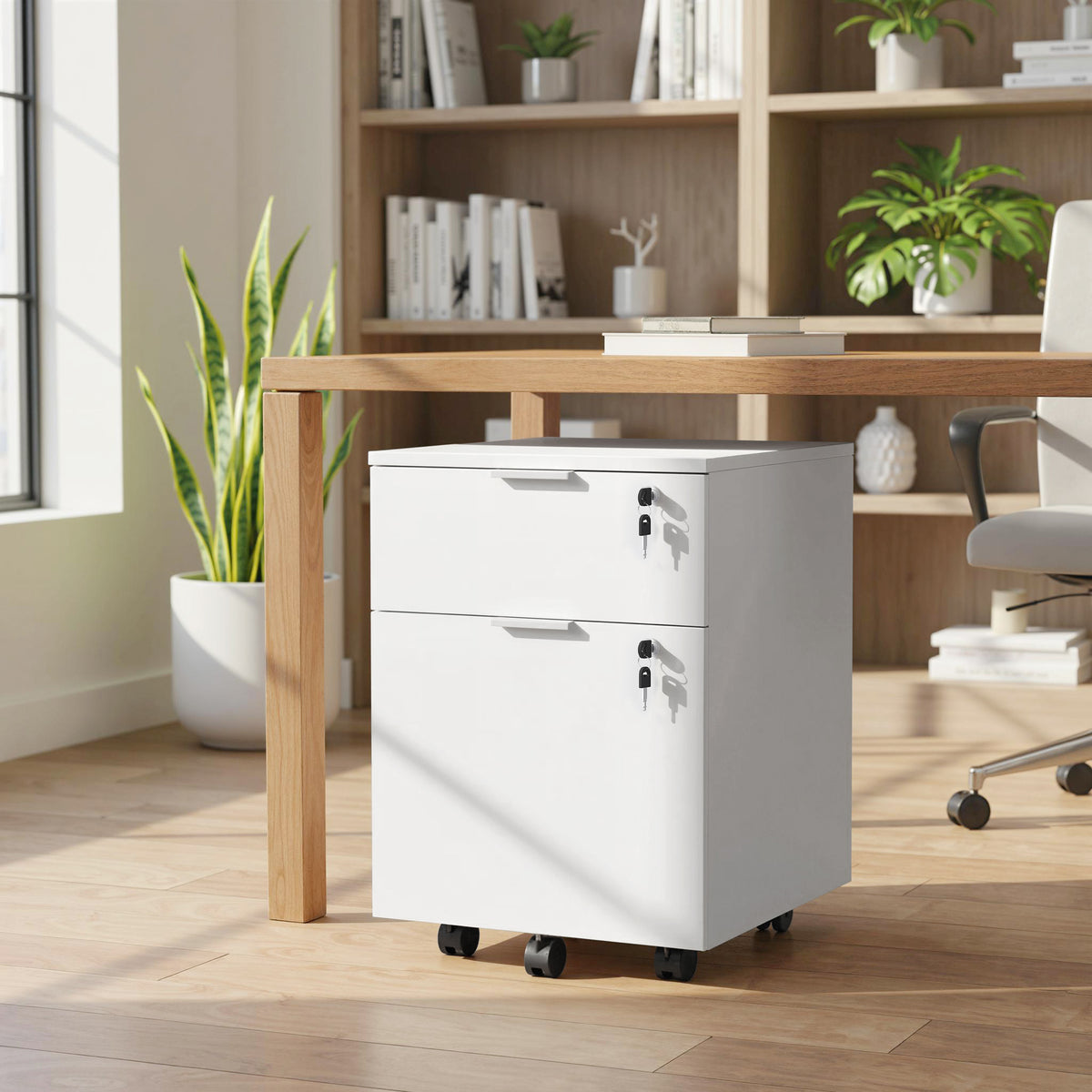 Caisson de bureau, meuble de rangement 2 tiroirs 2 barres pour dossier suspendu, verrouillable avec 2 clés 42x40x60 cm