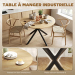 Table à Manger Ronde pour 4 Personnes 100 cm, Style Industriel avec Plateau Aspect Bois, Piètement Croisé en Acier Chêne
