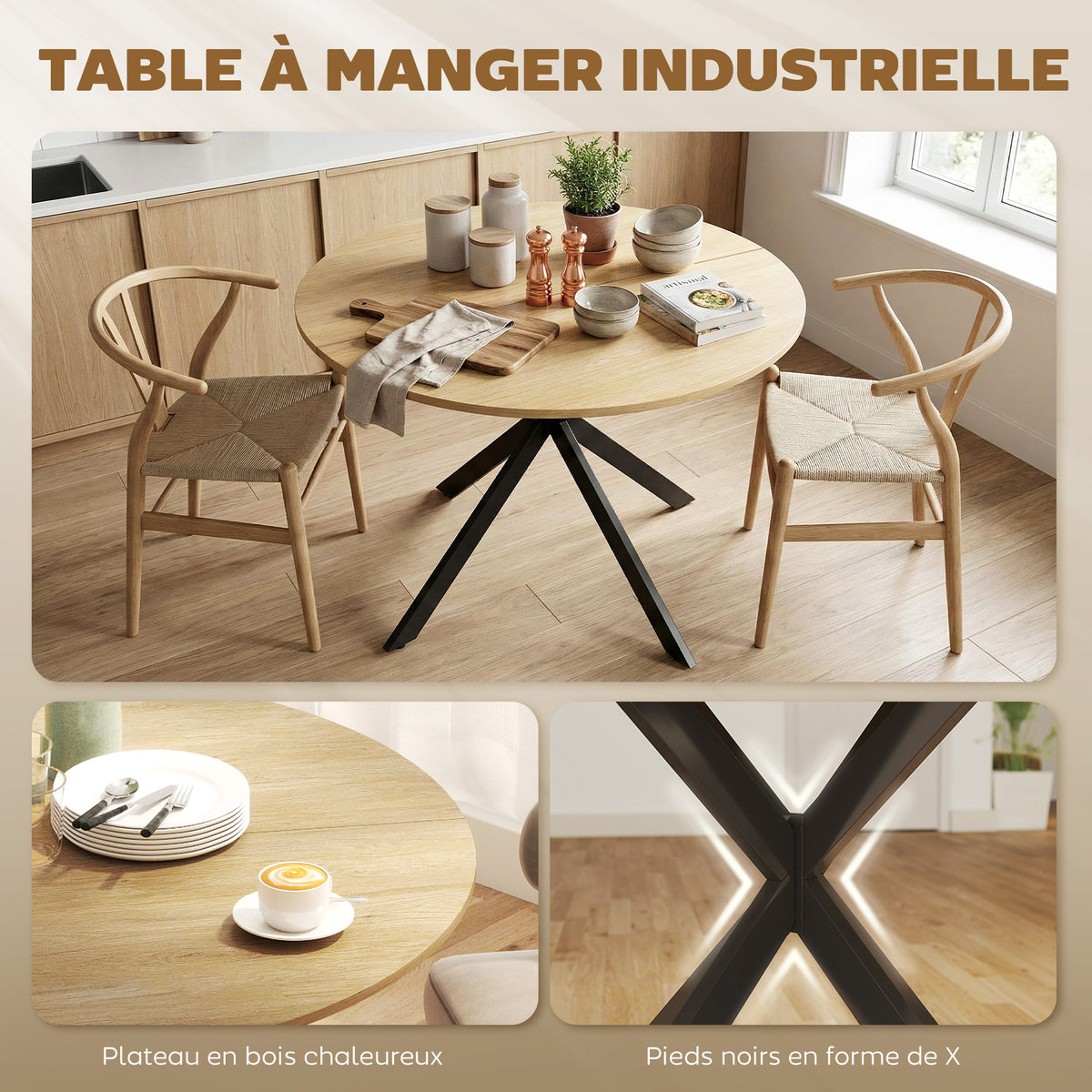 Table à Manger Ronde pour 4 Personnes 100 cm, Style Industriel avec Plateau Aspect Bois, Piètement Croisé en Acier Chêne