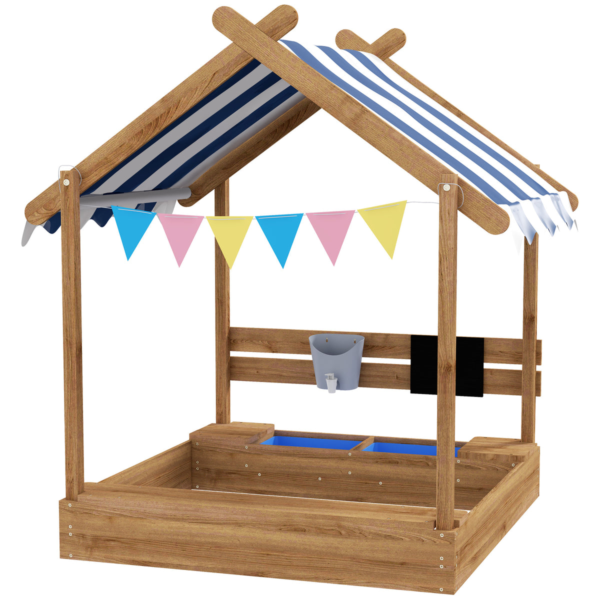 Holz-Sandkasten in Hausform für Kinder mit Vordach, 2 Becken, Spüle und Tafel, 124 x 116 x 146 cm, Schwarz