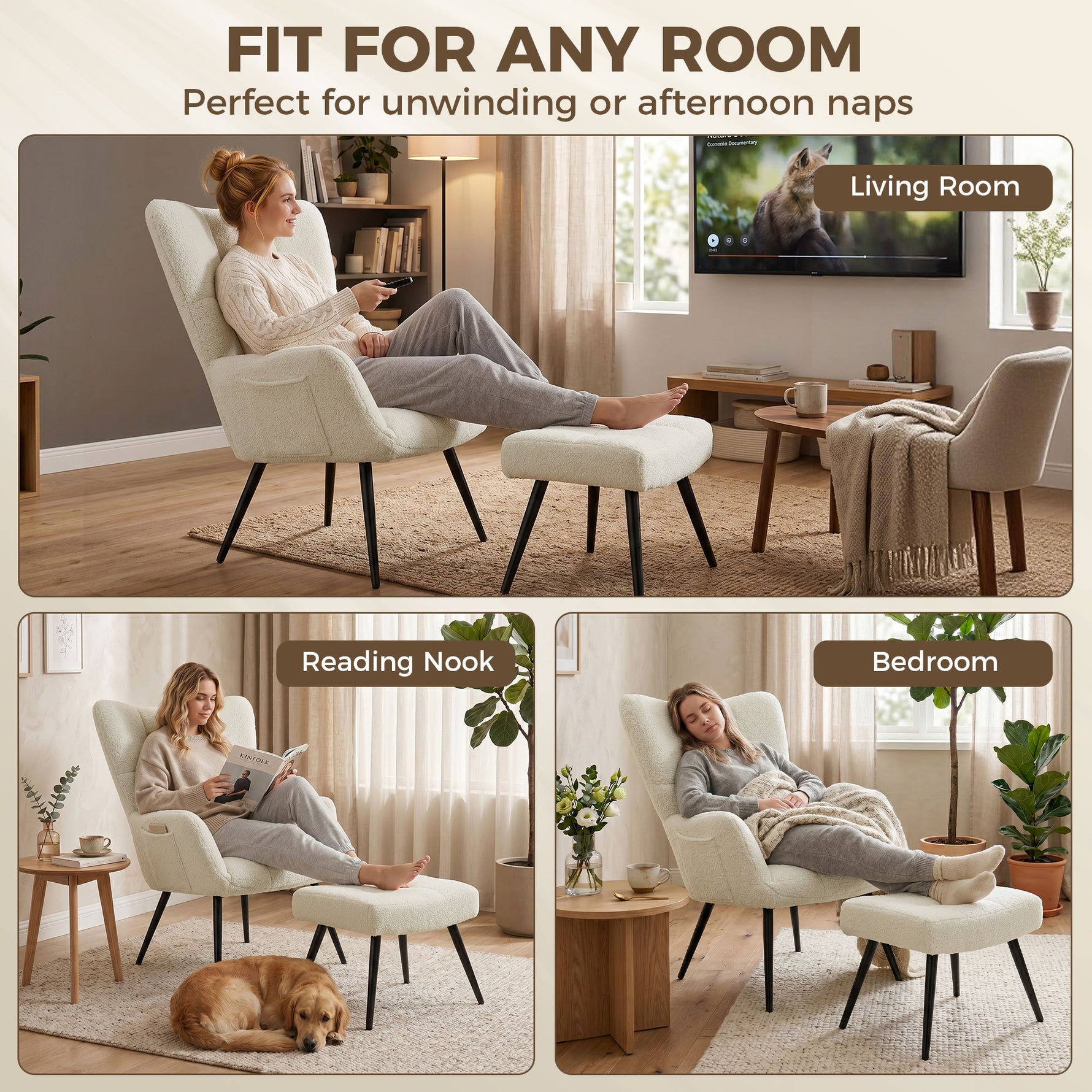 Fauteuil de Salon avec Repose-Pied, Fauteuil d'Appoint Capitonné en Peluche Teddy, Dossier Haut, Poches Latérales, Beige
