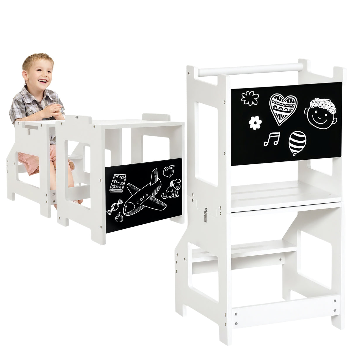 3 en 1 tour d'observation enfant, tour d'apprentissage avec barreau, hauts rebords de sécurité et tableau noir