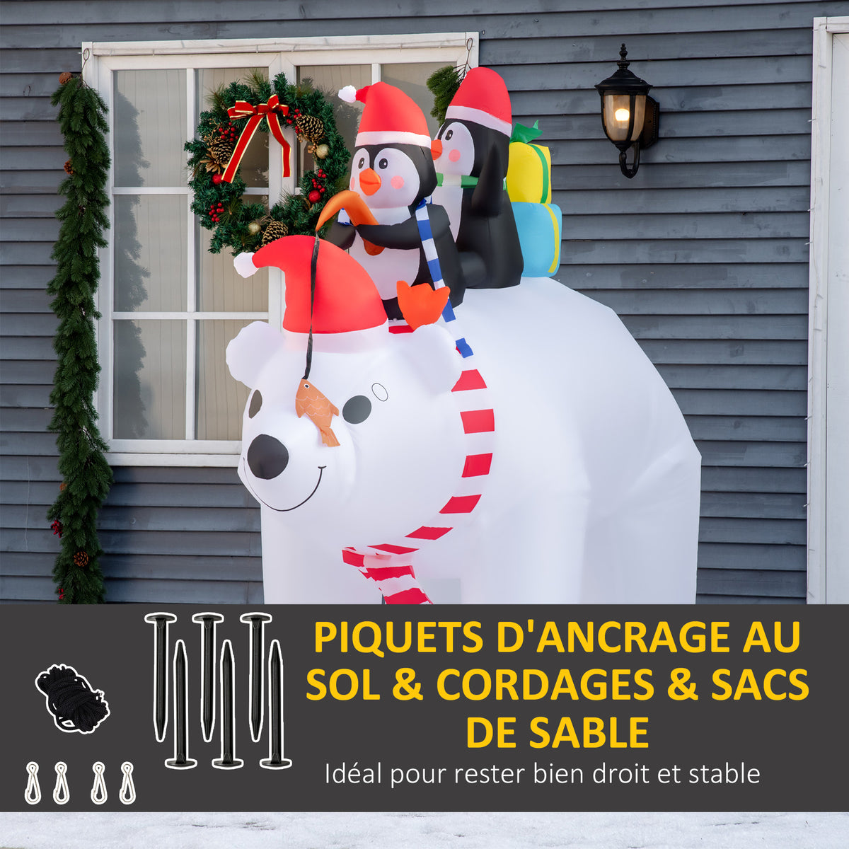 Ours Polaire Gonflable de Noël avec Lumières LED 206cm Décoration Gonflable de Noël Imperméable avec 2 Pingouins