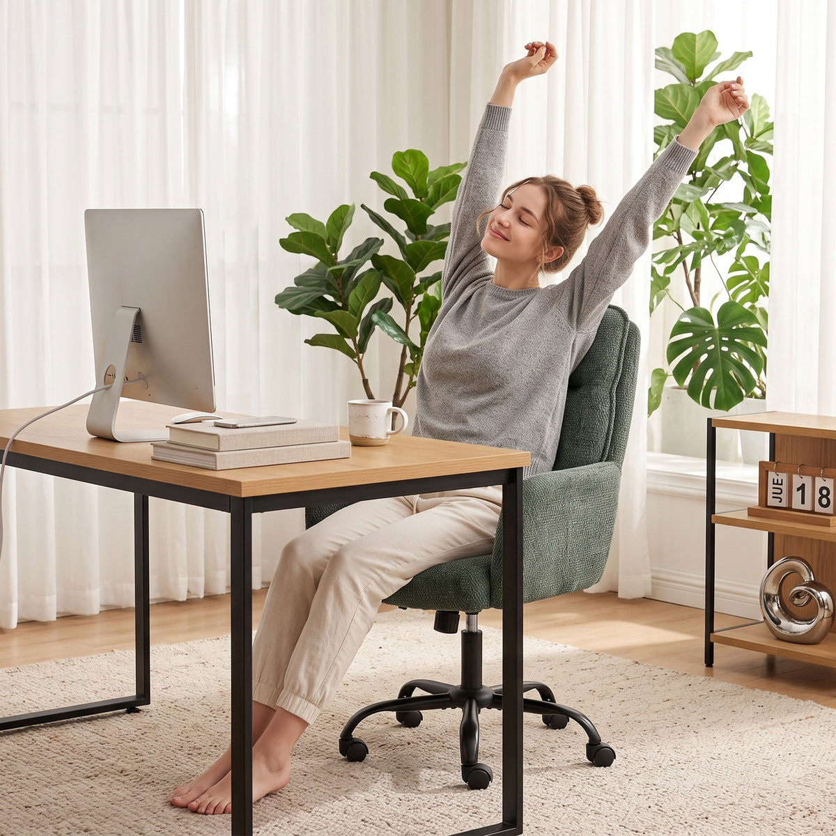 Chaise Bureau Ergonomique, Fauteuil de Bureau avec Hauteur Réglable, Assise Large, Fonction Bascule, Vert Foncé