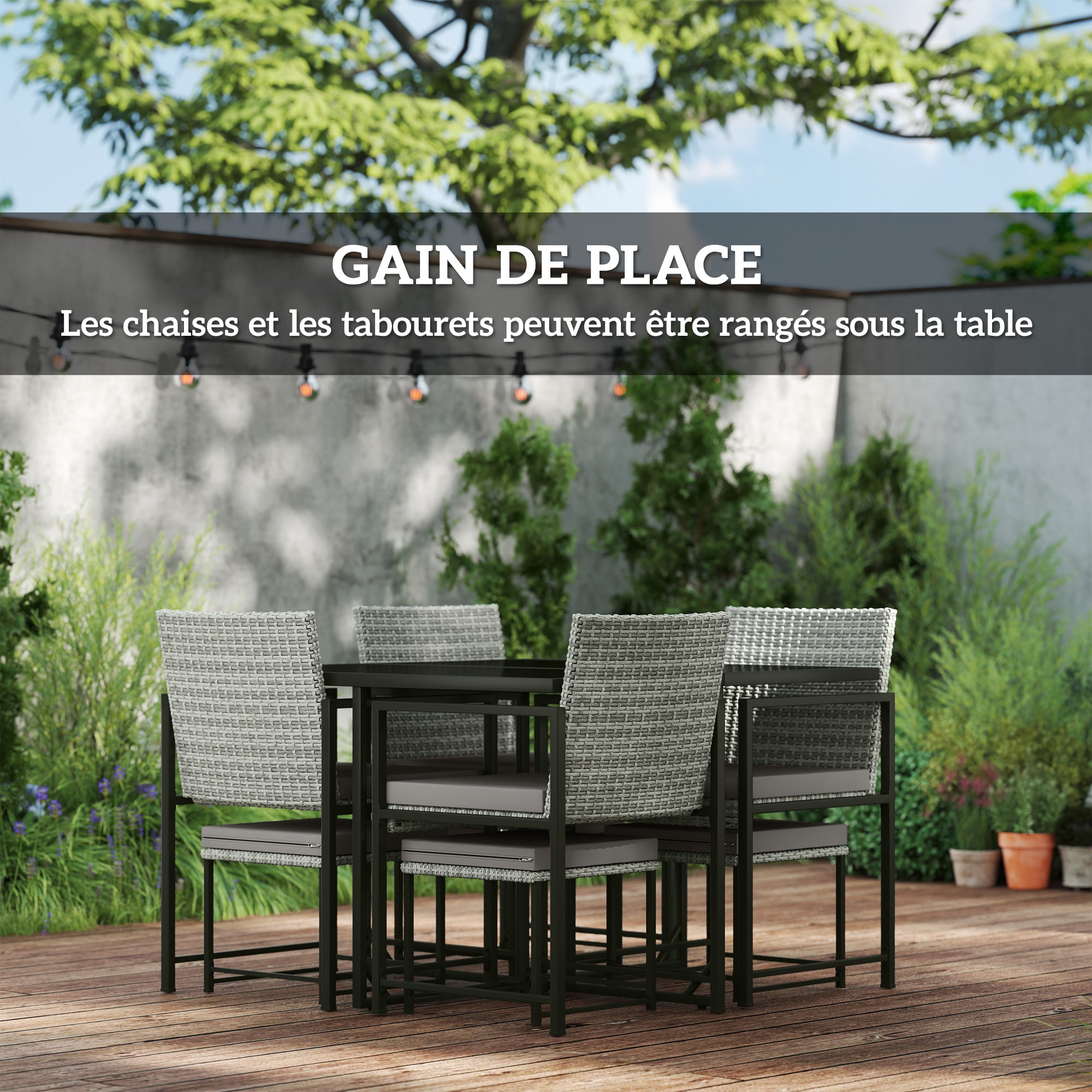 Salon de jardin extérieur en résine tressée 8 places avec coussins et plateau en verre trempé, gris