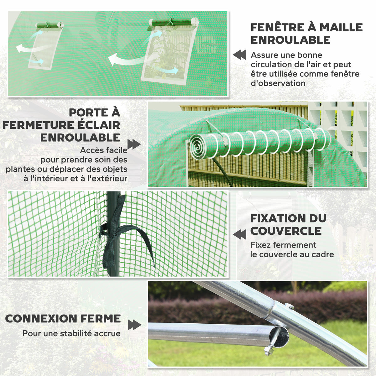 Invernadero de jardín tipo túnel 9 m² 4 ventanas, puerta enrollable con cremallera, estructura de acero galvanizado, lona de PE 3 x 3 x 2 m verde