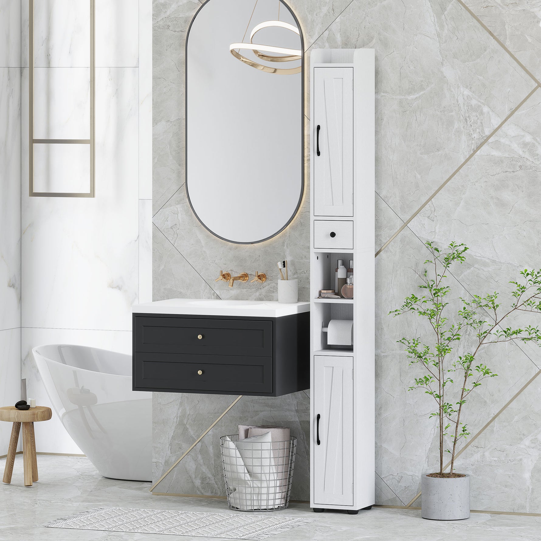 Armoire salle de bain haute, meuble de rangement colonne, 2 portes, tiroir, étagères réglables, 20x20x185cm, blanc