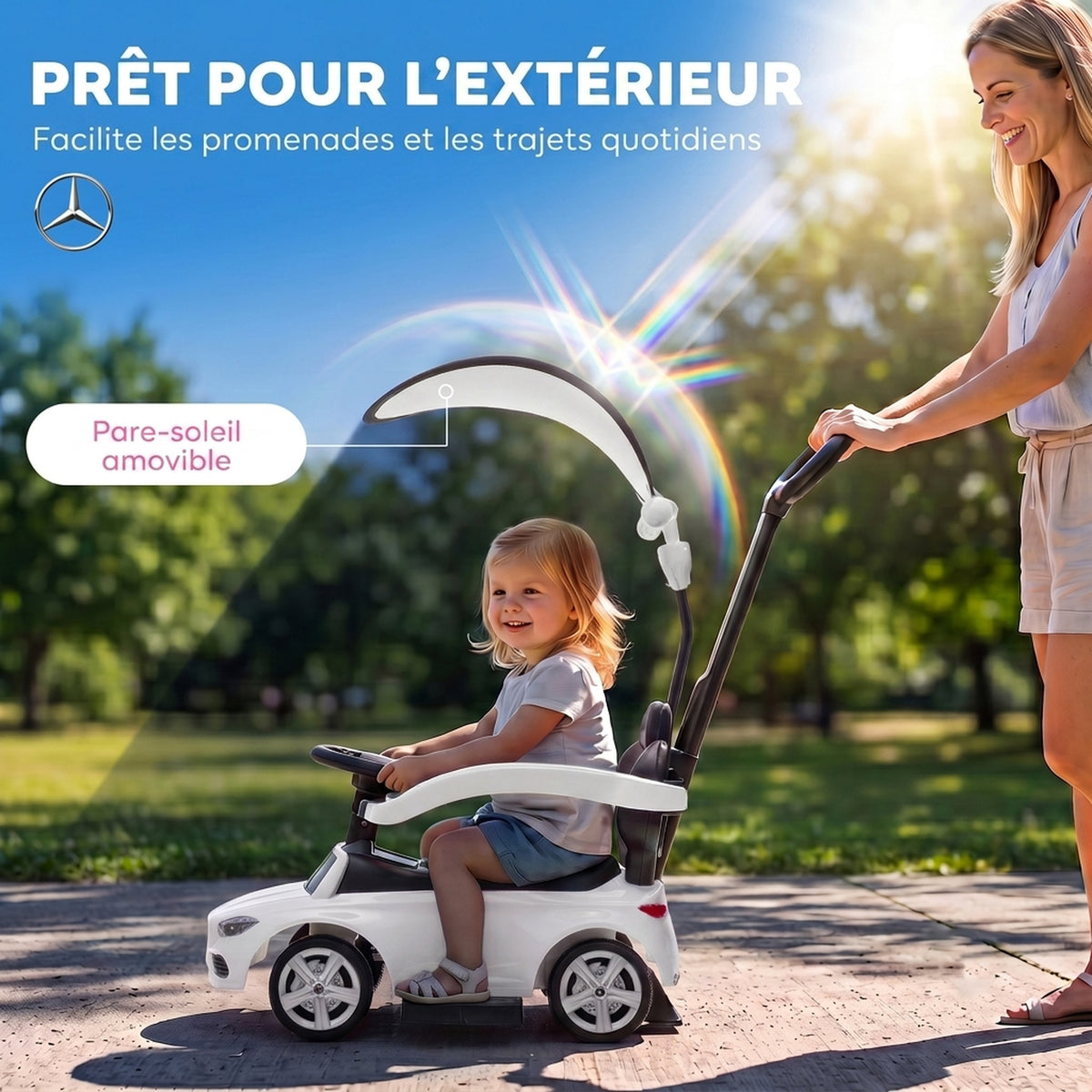 Porteur Enfants 3 en 1 Mercedes-Benz sous Licence, Garde-Corps, Espace de Rangement, Klaxon, 83x40x90cm, Blanc