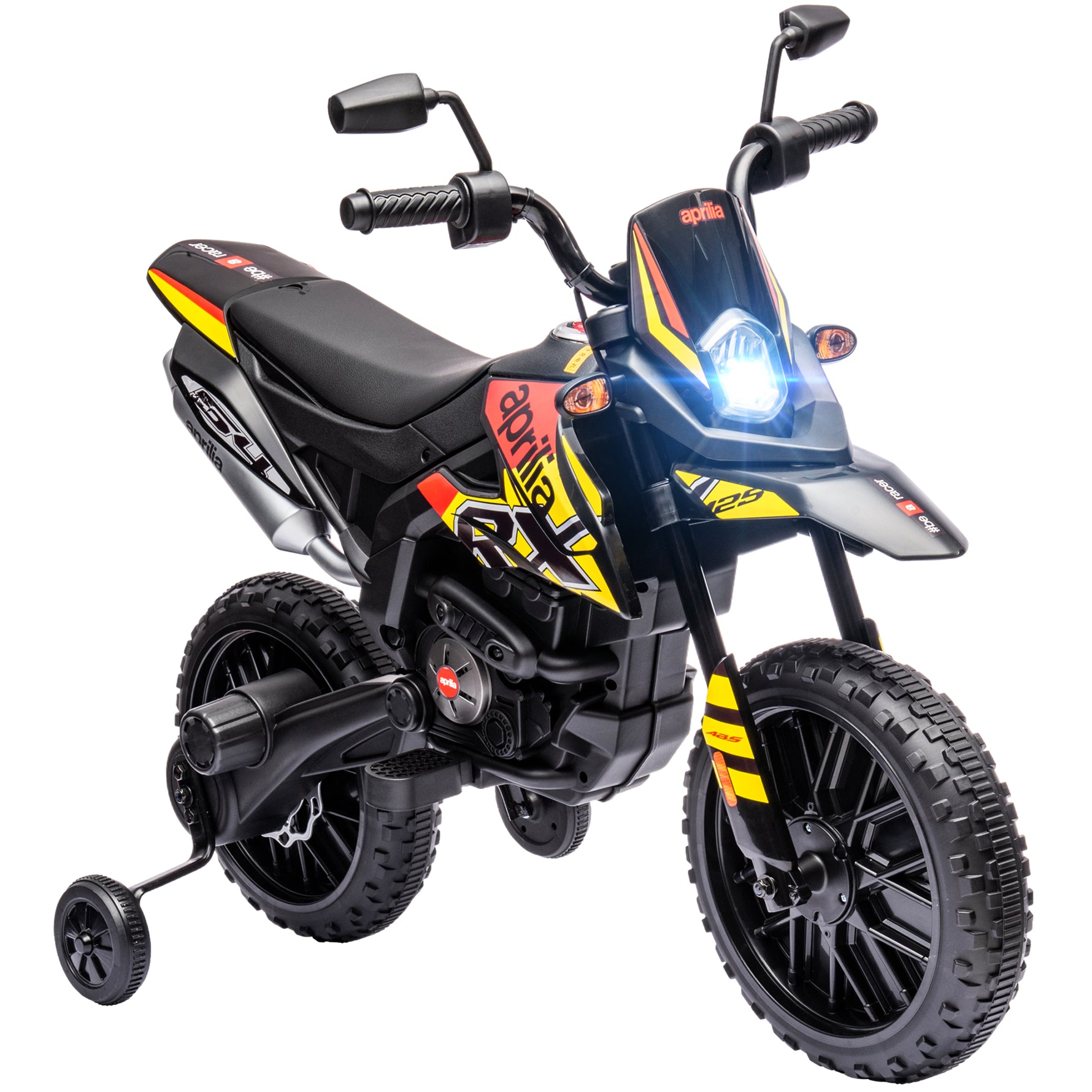 Moto électrique enfants sous licence Aprilia avec 2 moteurs 12V, roues d'entraînement, lumière LED, musique - jaune
