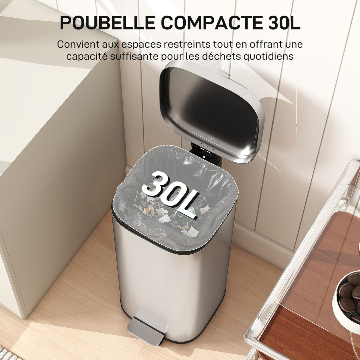 Poubelle cuisine 30L, poubelle à pédale avec seau intérieur amovible, couvercle à fermeture douce, 29x36x59,5cm, argent