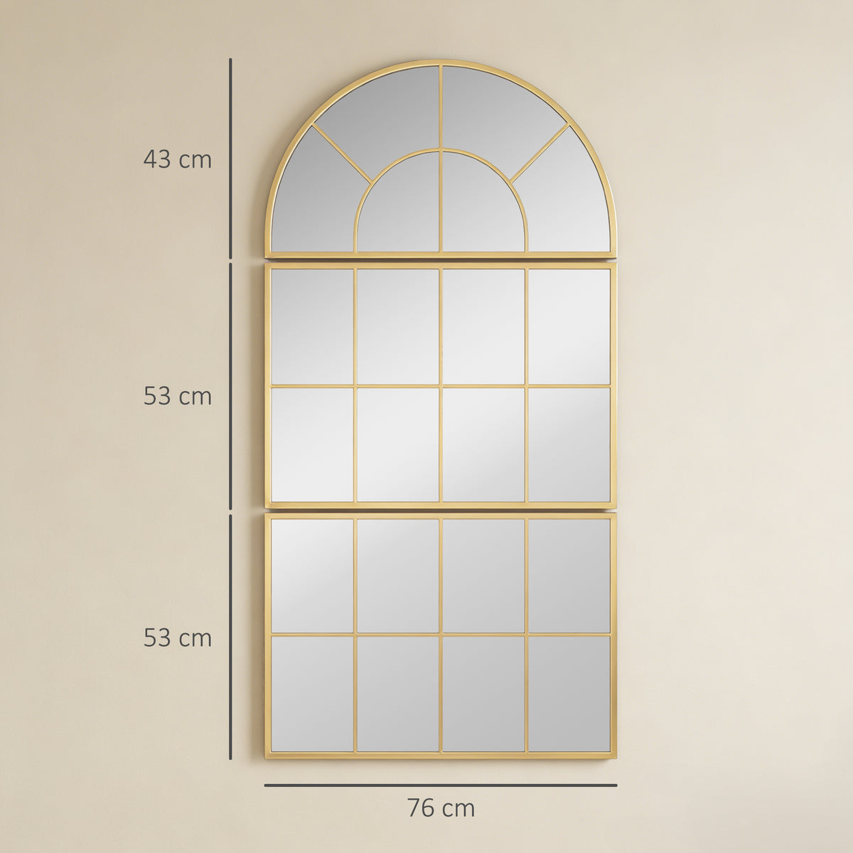 Miroir mural arqué miroir mural en forme de fenêtre ensemble de 3 pièces cadre en métal 76 x 150 cm doré