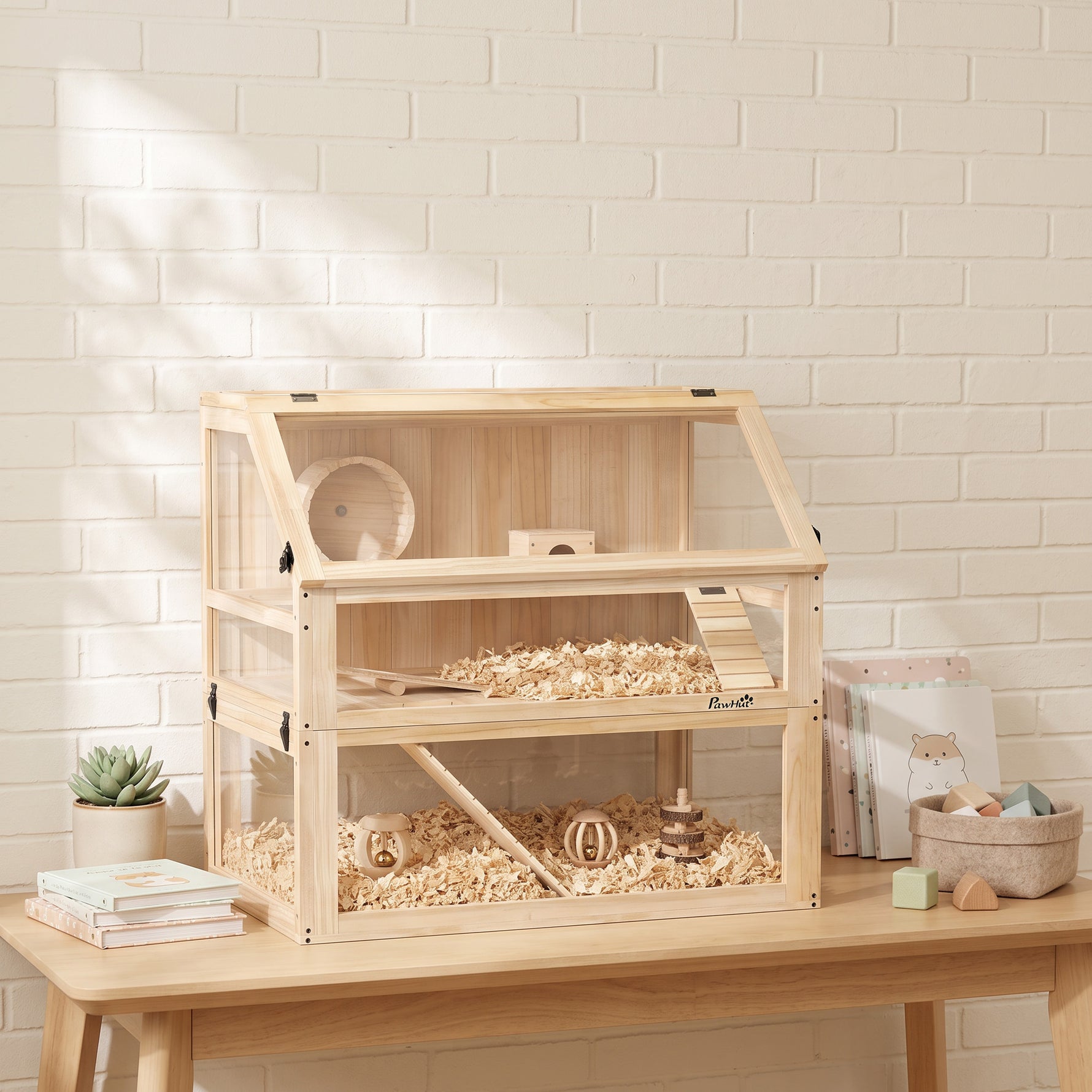 Cage hamster rongeur à 3 niveaux fond amovible de 31 cm de profondeur cabane balançoire 80x50x76cm finition bois naturel