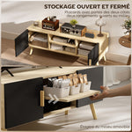 Meuble TV meuble télé bois banc TV jusqu'à 50 pouces avec étagères, 2 placards et passe-câbles, chêne