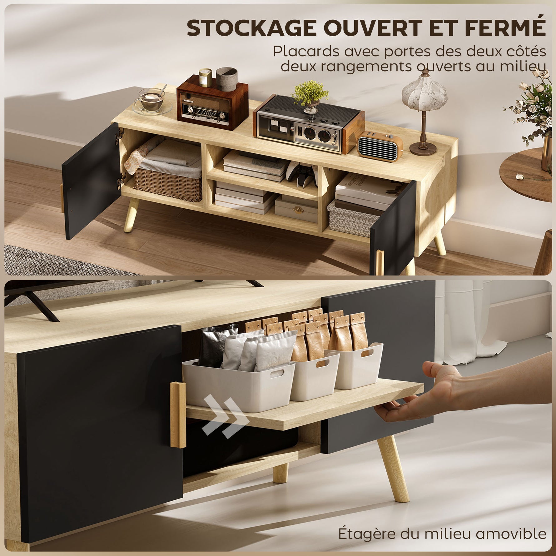 Meuble TV meuble télé bois banc TV jusqu'à 50 pouces avec étagères, 2 placards et passe-câbles, chêne