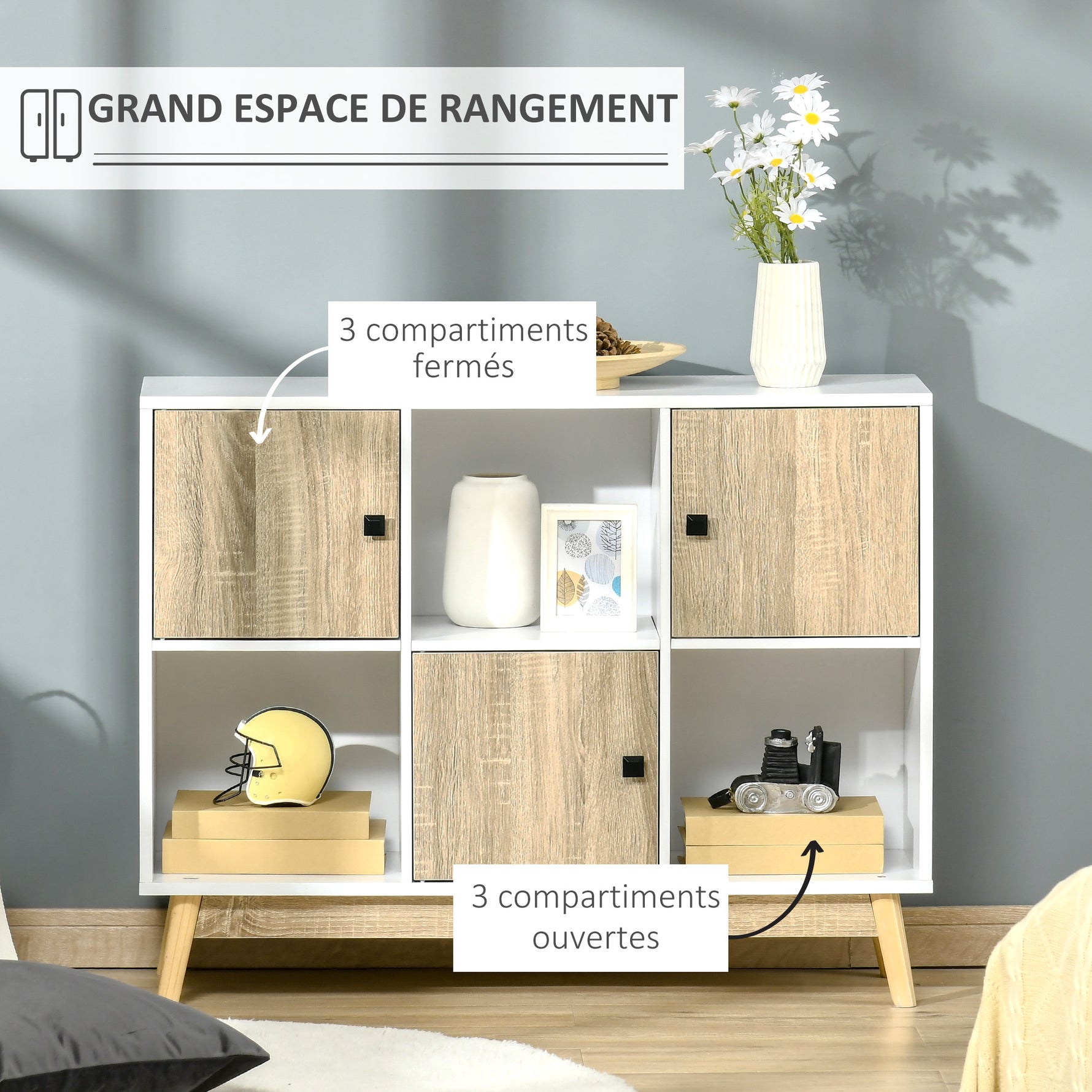 Buffet Salon, Meuble de Rangement 9 Cubes avec 3 Portes et 3 Compartiments Ouverts, Pieds en Bois de Pin, Style Moderne, Buffet Salle à Manger, Cuisine, 96x30x75cm, Blanc et Naturel