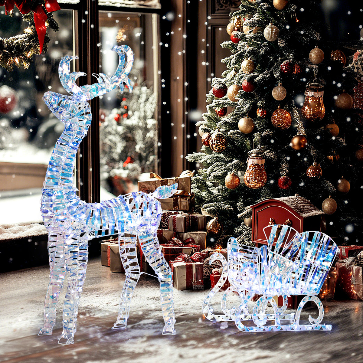 Renne et traîneau lumineux de Noël avec 170 LED blanc chaud, décoration de Noël pour intérieur et extérieur, 60x29x115cm