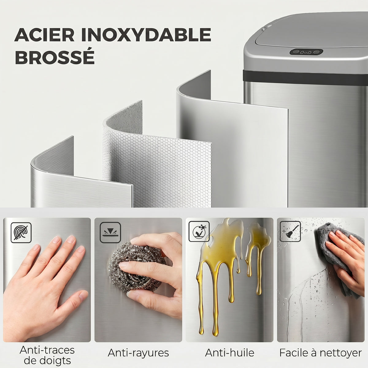 Poubelle de cuisine automatique 48L en acier inoxydable, couvercle à fermeture en douceur, 33x25x69cm, argent