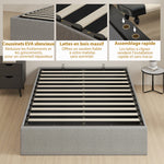 Lit coffre 140 x 190 cm, cadre de lit double rembourré, sommier à lattes en bois, rangement caché, sans bruit, gris