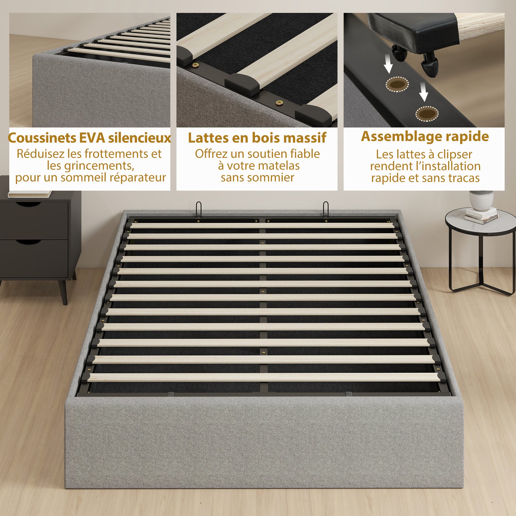 Lit coffre 140 x 190 cm, cadre de lit double rembourré, sommier à lattes en bois, rangement caché, sans bruit, gris