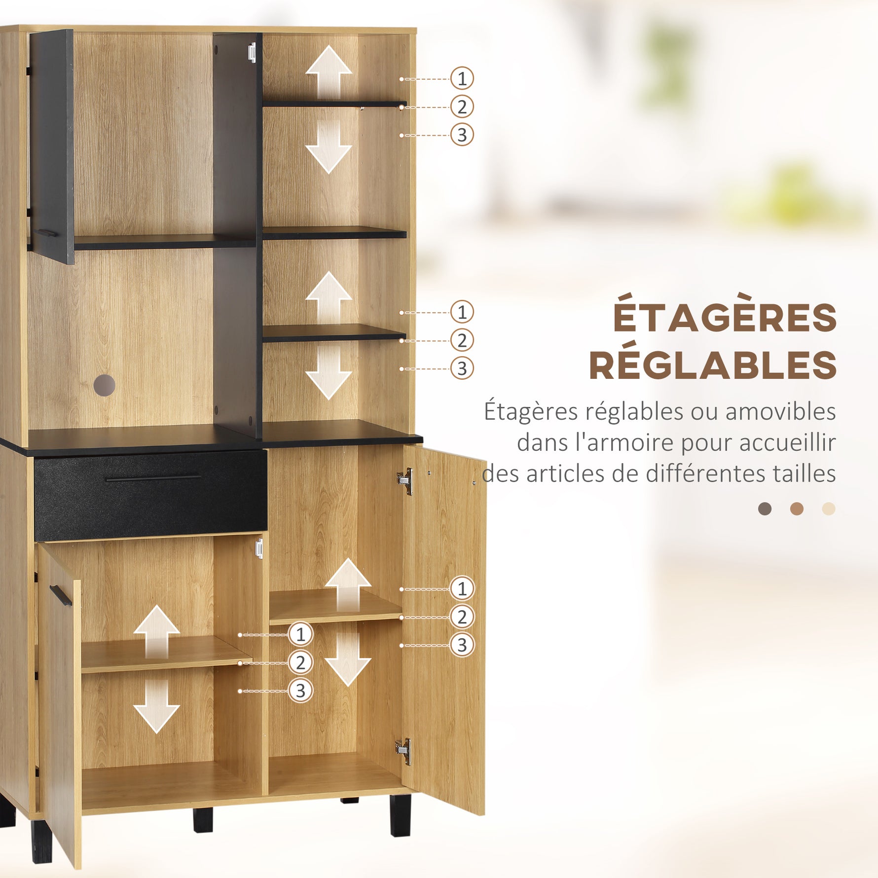 Armoire de cuisine multi-rangements avec tiroir 3 placards 4 niches et passe-câbles hauteur 180 cm noir et bois naturel