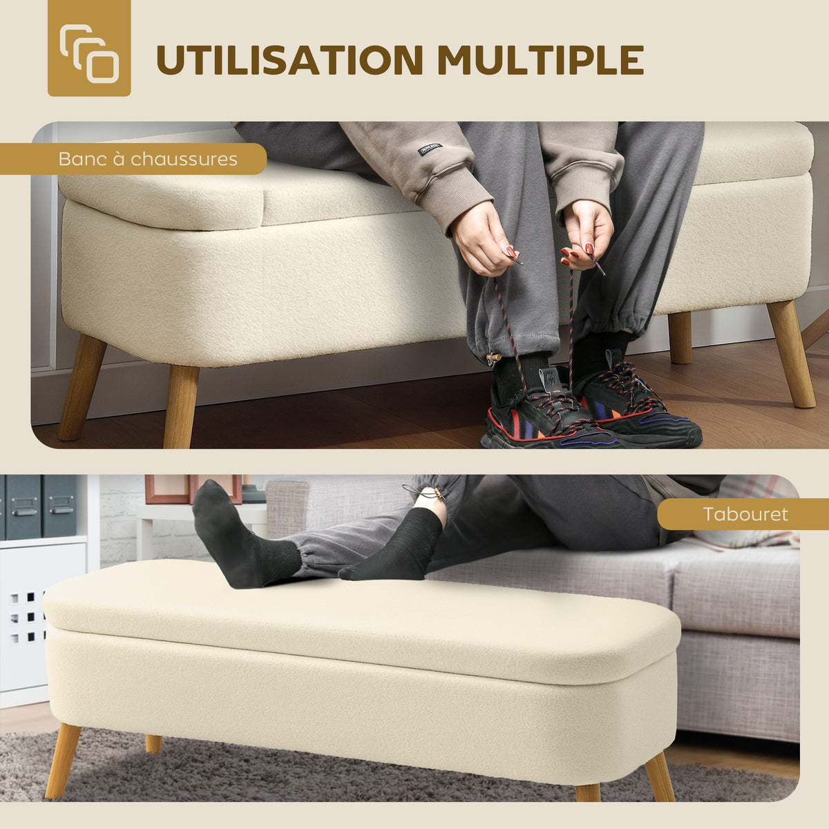 Banc de rangement, bout de lit avec couvercle, pieds en bois, capacité 65 L, jusqu'à 220 kg, 120x42x45cm, beige
