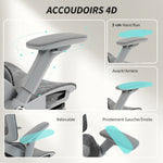 Chaise Bureau Ergonomique avec Accoudoirs 4D Appui-Tête et Profondeur d'Assise Réglables Maille Gris