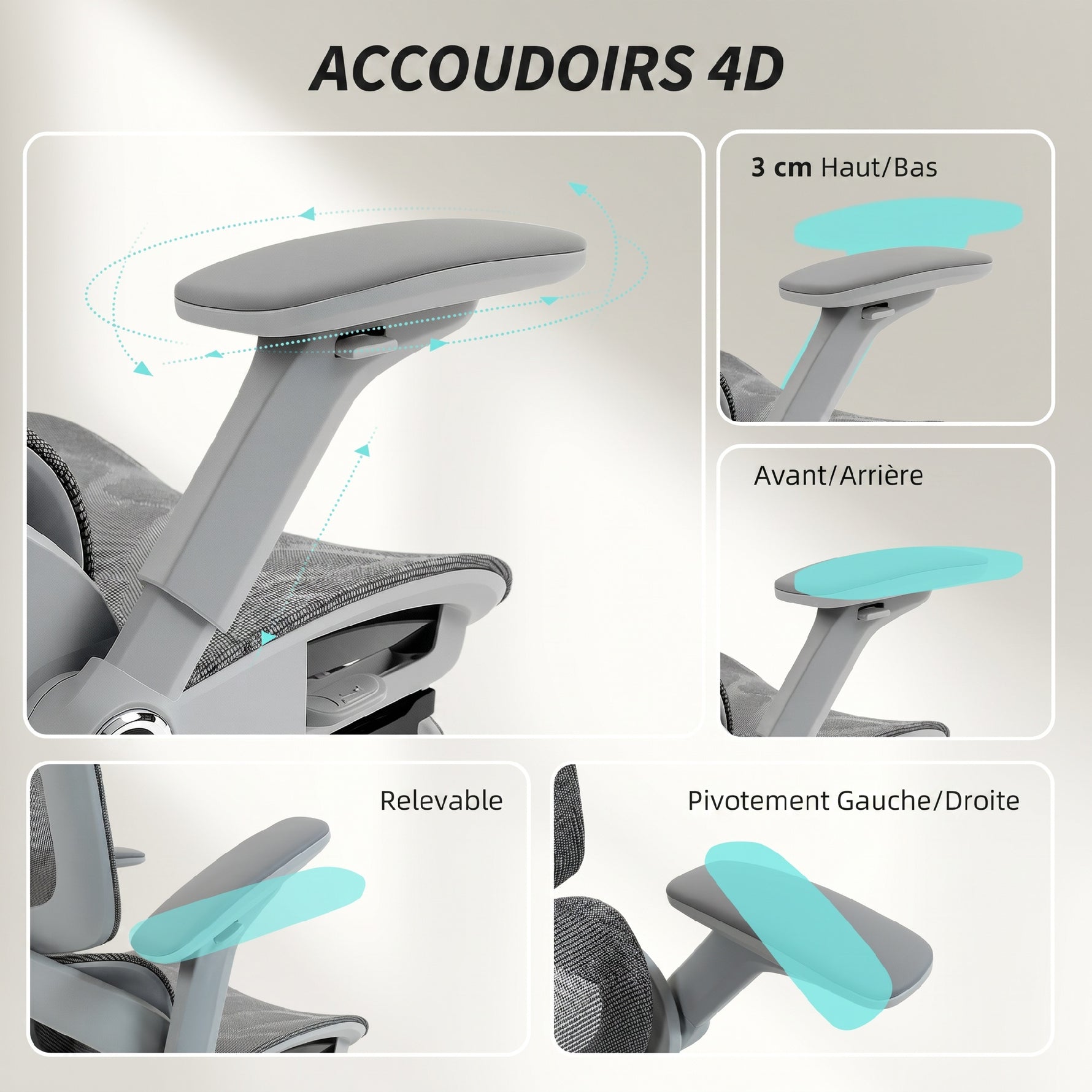 Chaise Bureau Ergonomique avec Accoudoirs 4D Appui-Tête et Profondeur d'Assise Réglables Maille Gris