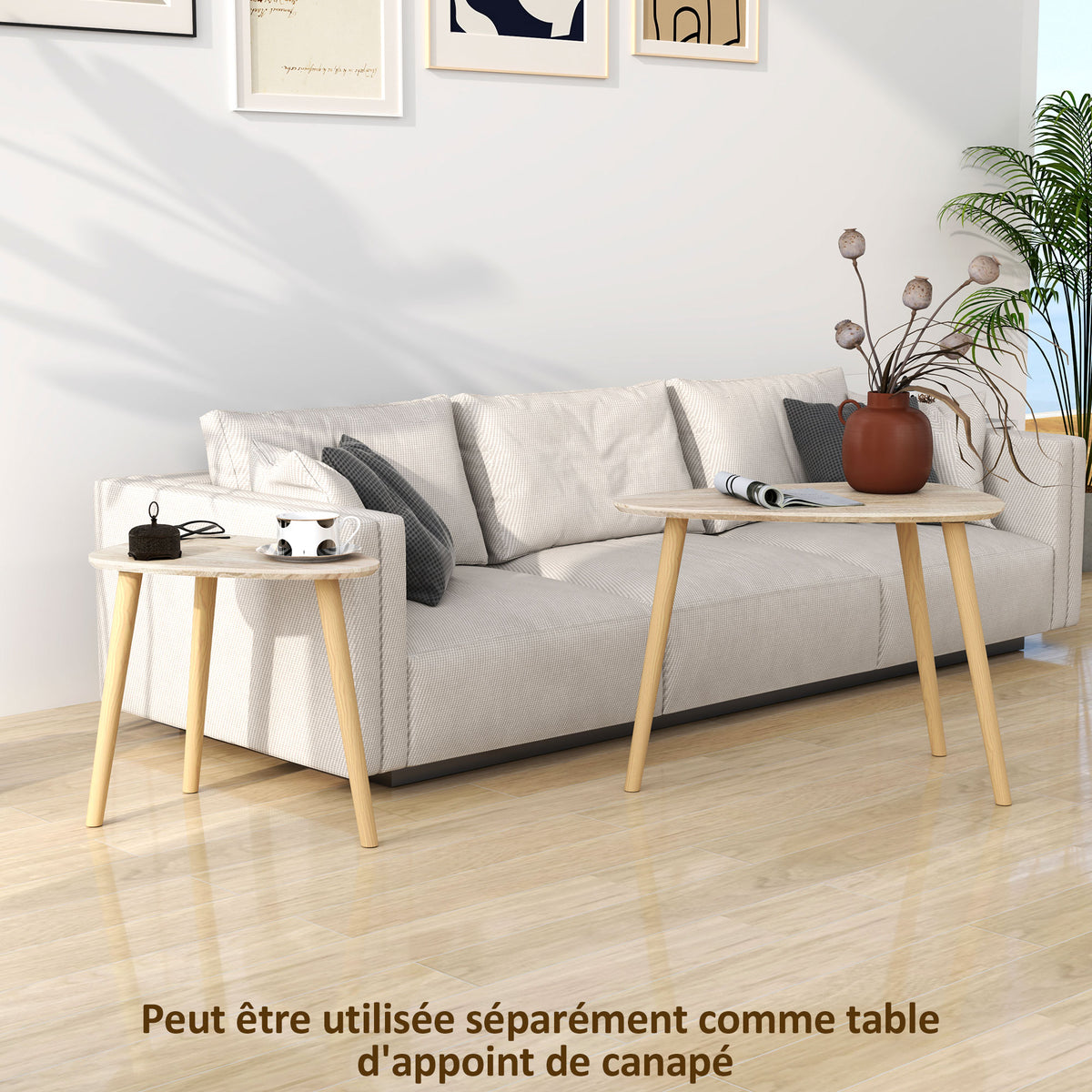 Lot de 2 tables basses gigognes design scandinave pieds en bois et plateau en bois, aspect naturel