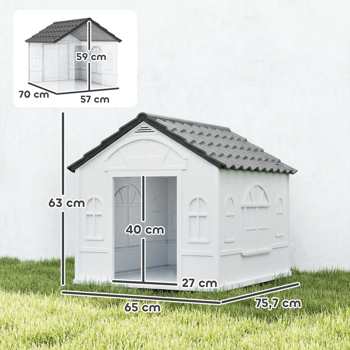 Niche pour Chien Extérieur pour Chiens Moyens et Grands, Maison pour Chien en PP Imperméable avec Toit en Pente, Porte Avant Ouverte et Ouverture d'Aération au-Dessus, 65 x 75,7 x 63 cm, Gris