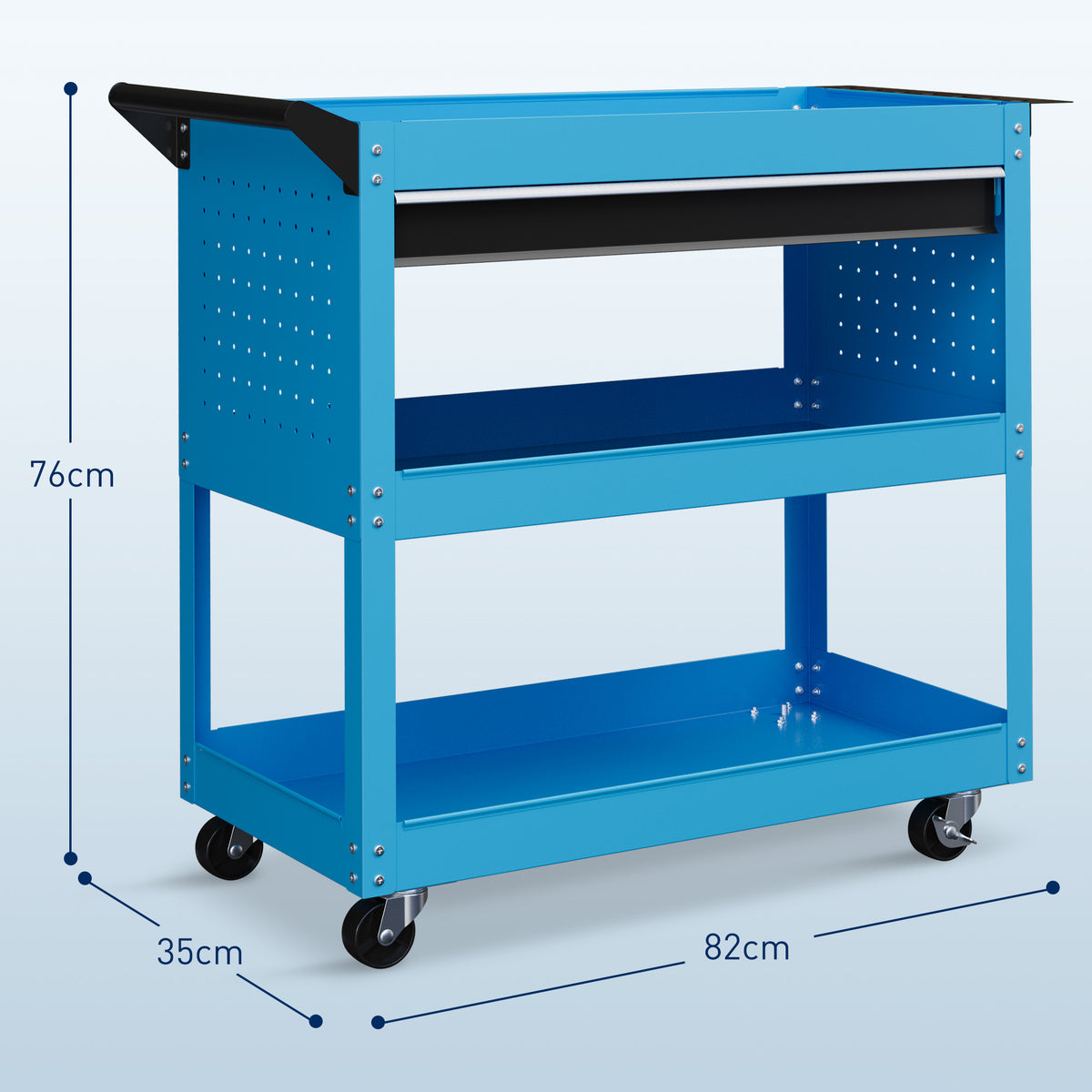 Chariot d'atelier servante atelier à 3 niveaux avec tiroir, porte-outils latéral et poignée, 82x35x76 cm, bleu