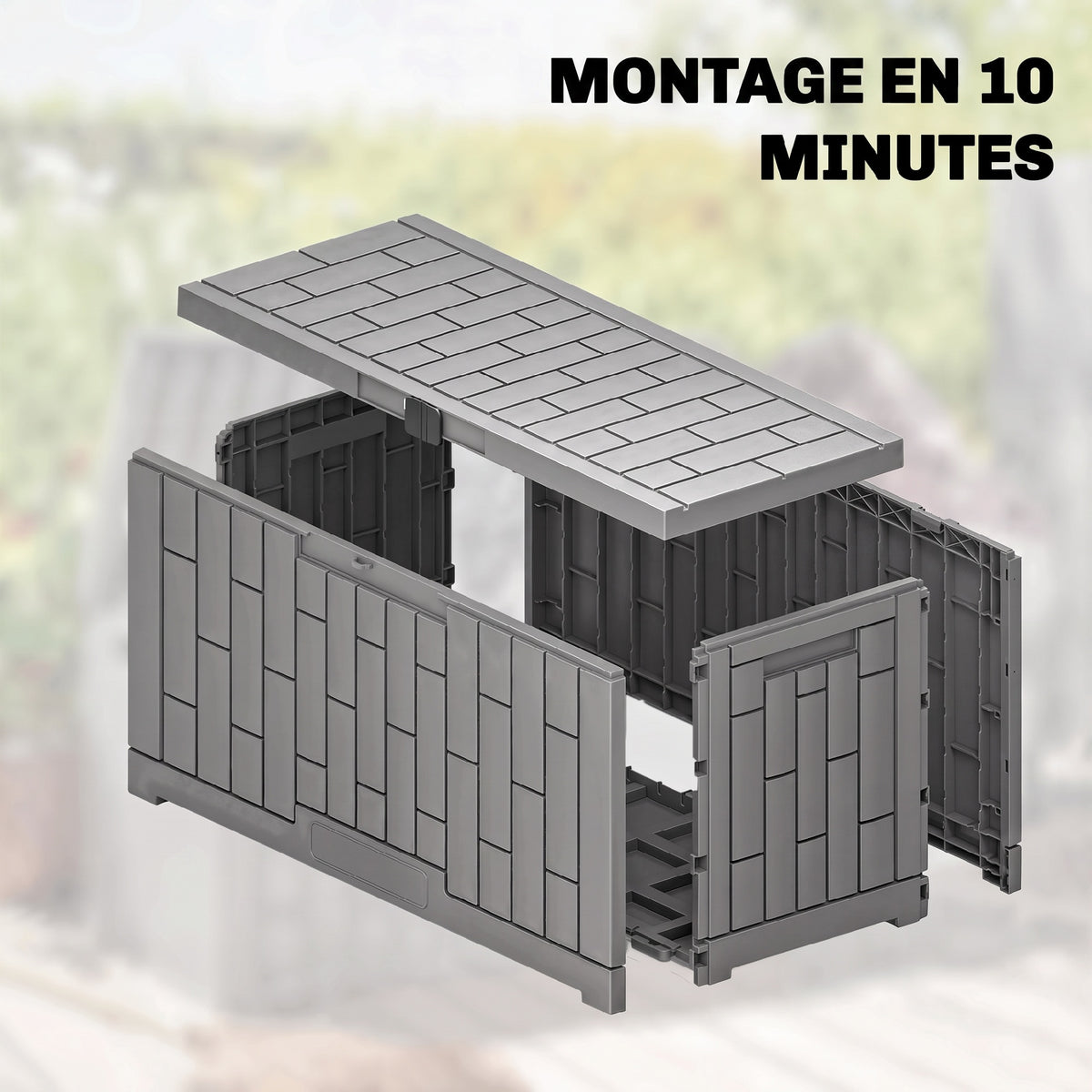 227 L Lockable Outdoor Storage Box with Gas Spring, Wood Look, 106.5x43x54.5cm, Gray