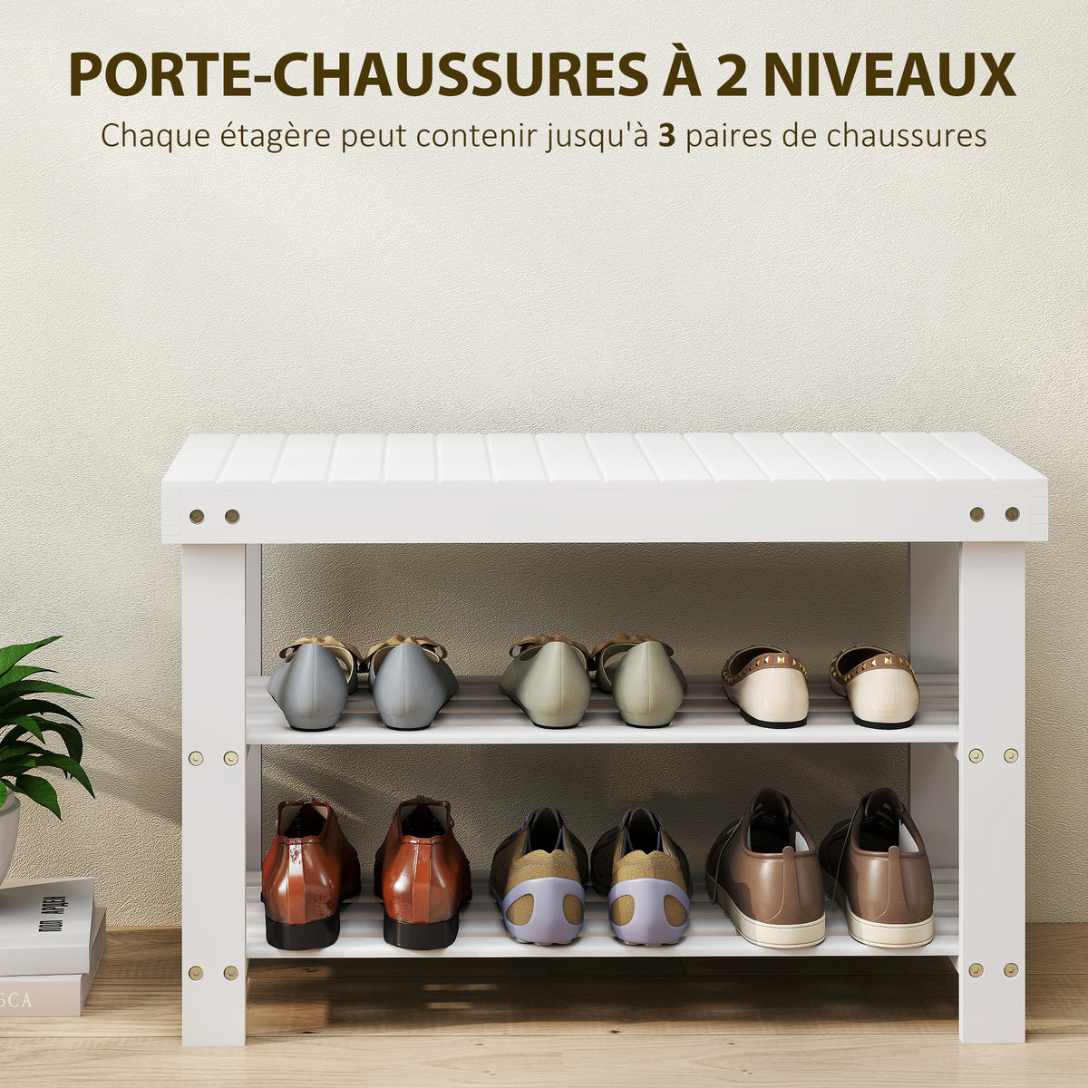 Banc à chaussures en bambou, étagère à chaussures à 3 niveaux, style scandinave, charge 136 Kg, 70 x 28 x 45 cm, blanc