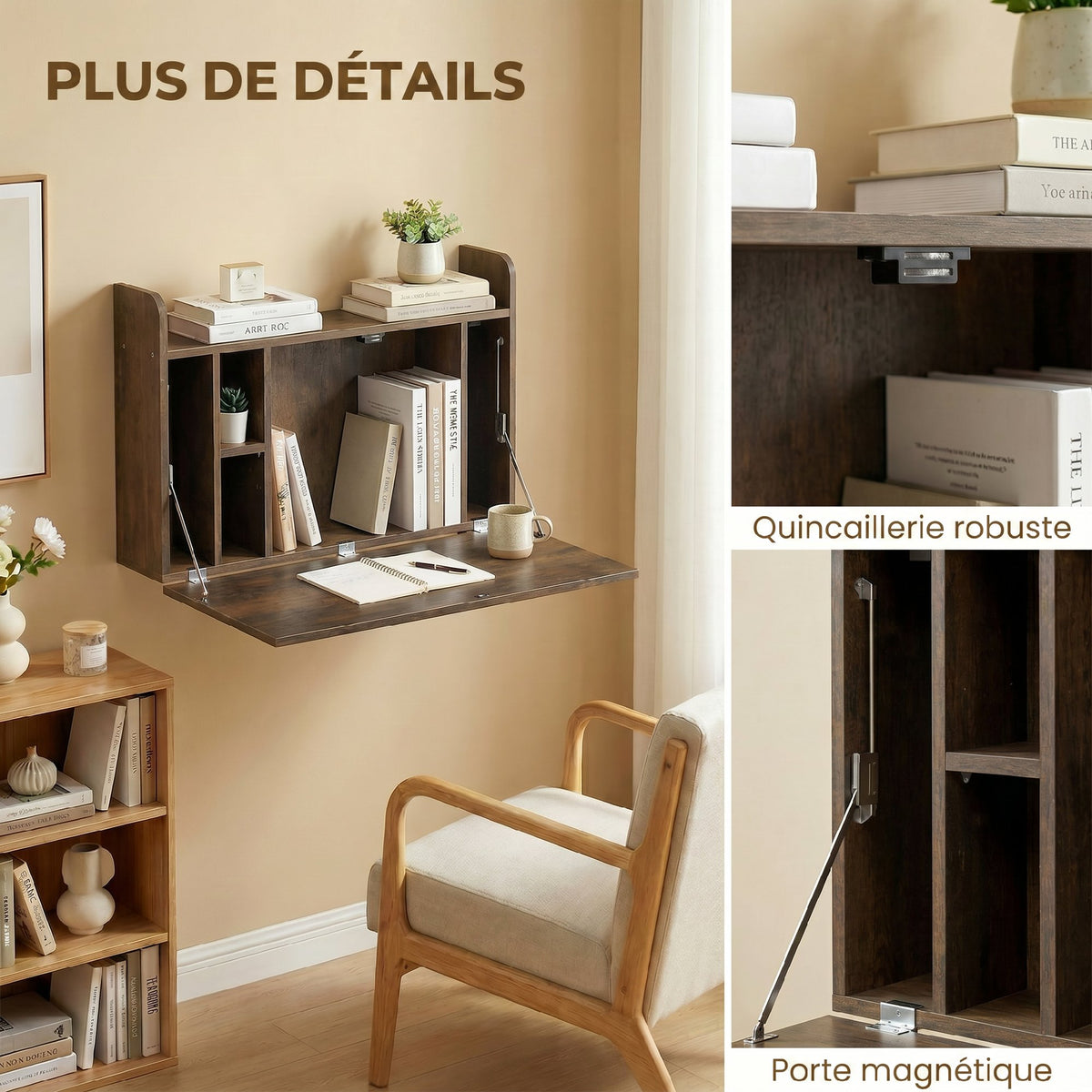 Bureau suspendu table murale table d'ordinateur murale et tablette rabattable avec rangements - 77 x 20 x 51 cm