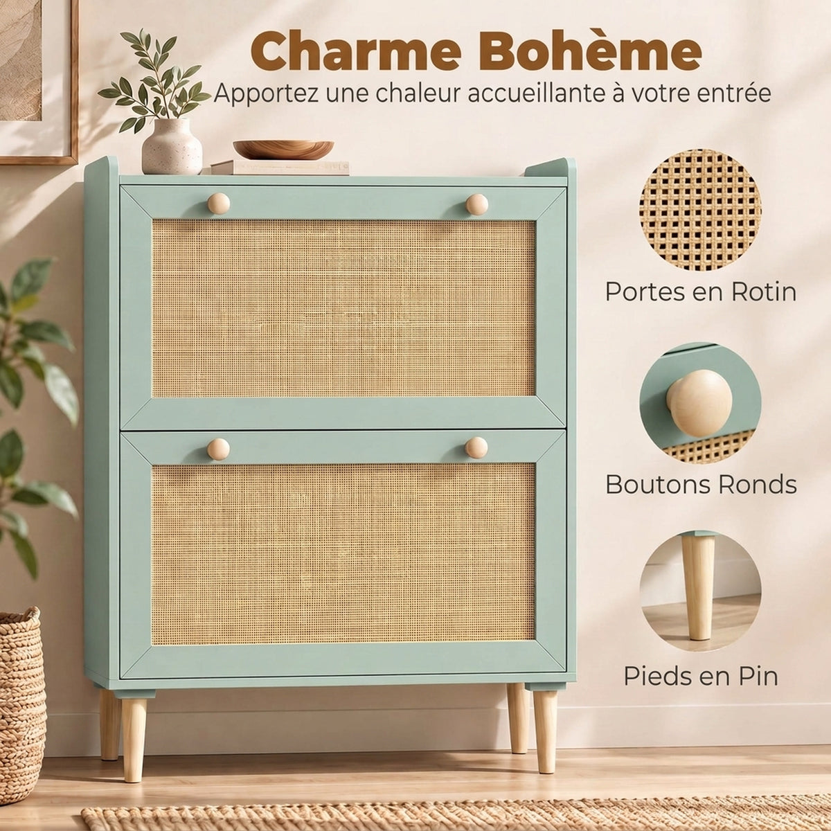 Meuble à chaussures 12 paires, armoire à chaussures avec 2 tiroirs rabattables, étagères réglables, 80x26x101 cm, vert