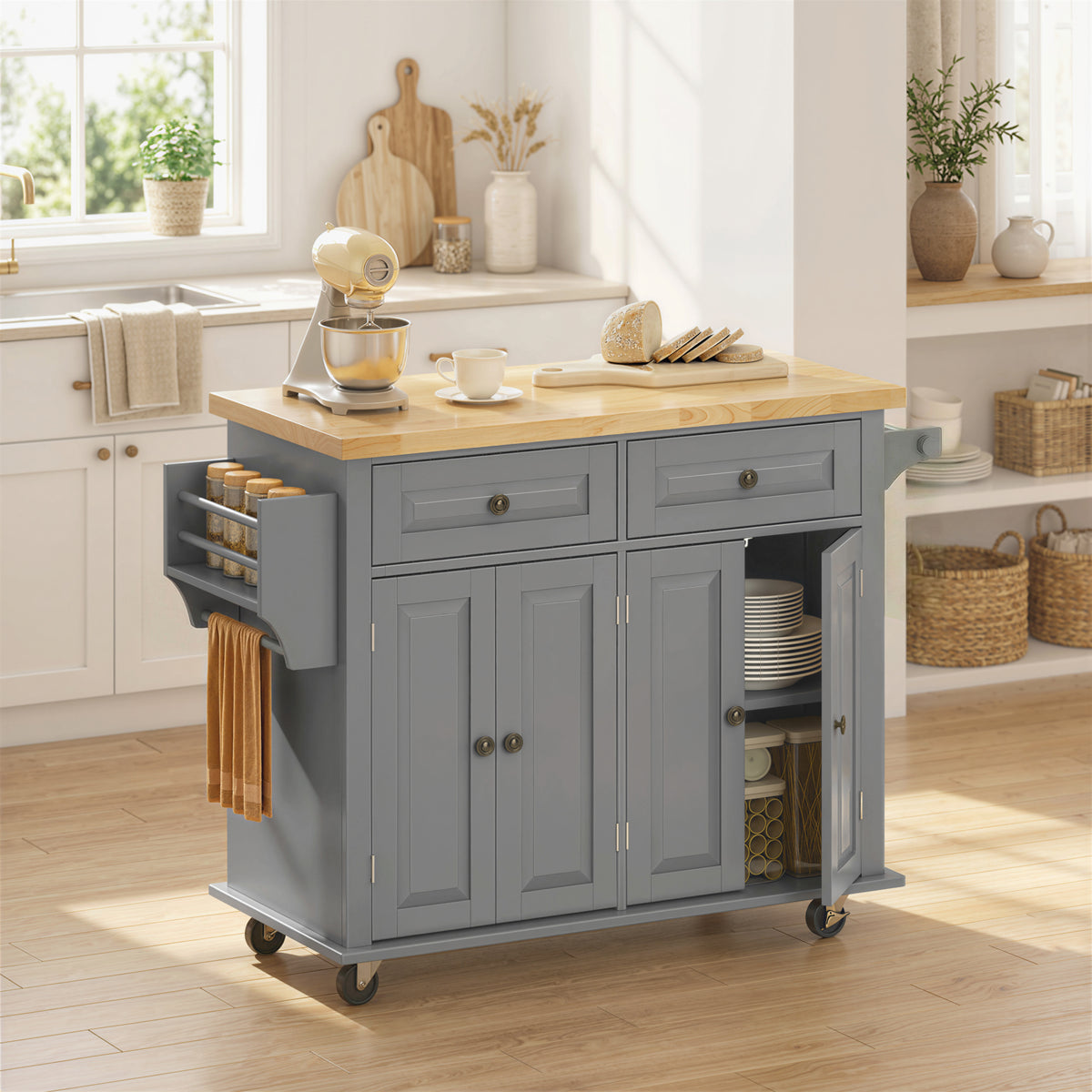 Desserte ilôt de cuisine multi rangements 2 tiroirs 2 placard 2 portes avec étagère range-bouteille